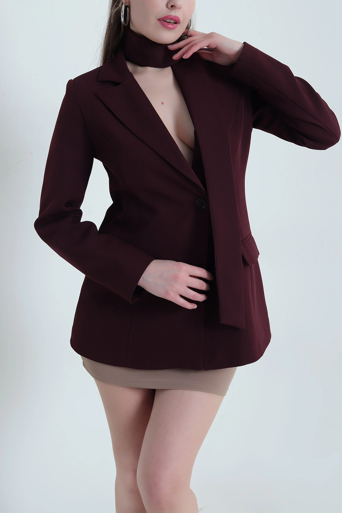 Mürdüm Kuşaklı Dabıl Blazer Kadın Ceket 443907