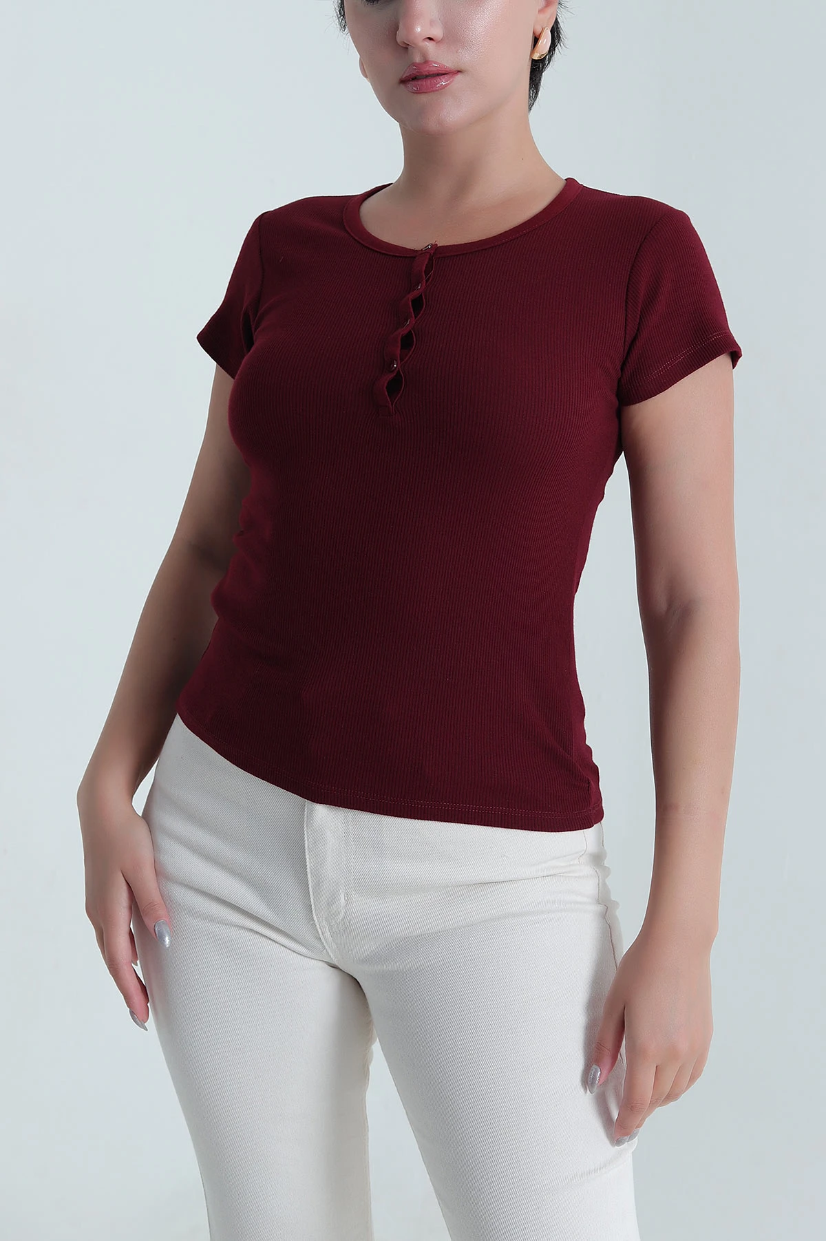 Mürdüm Likralı Fitilli Kadın Bluz 481426