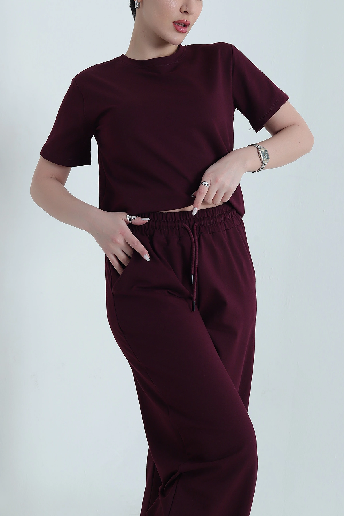 Mürdüm Likralı Kristal Bisiklet Yaka Kadın İkili Takım 443829