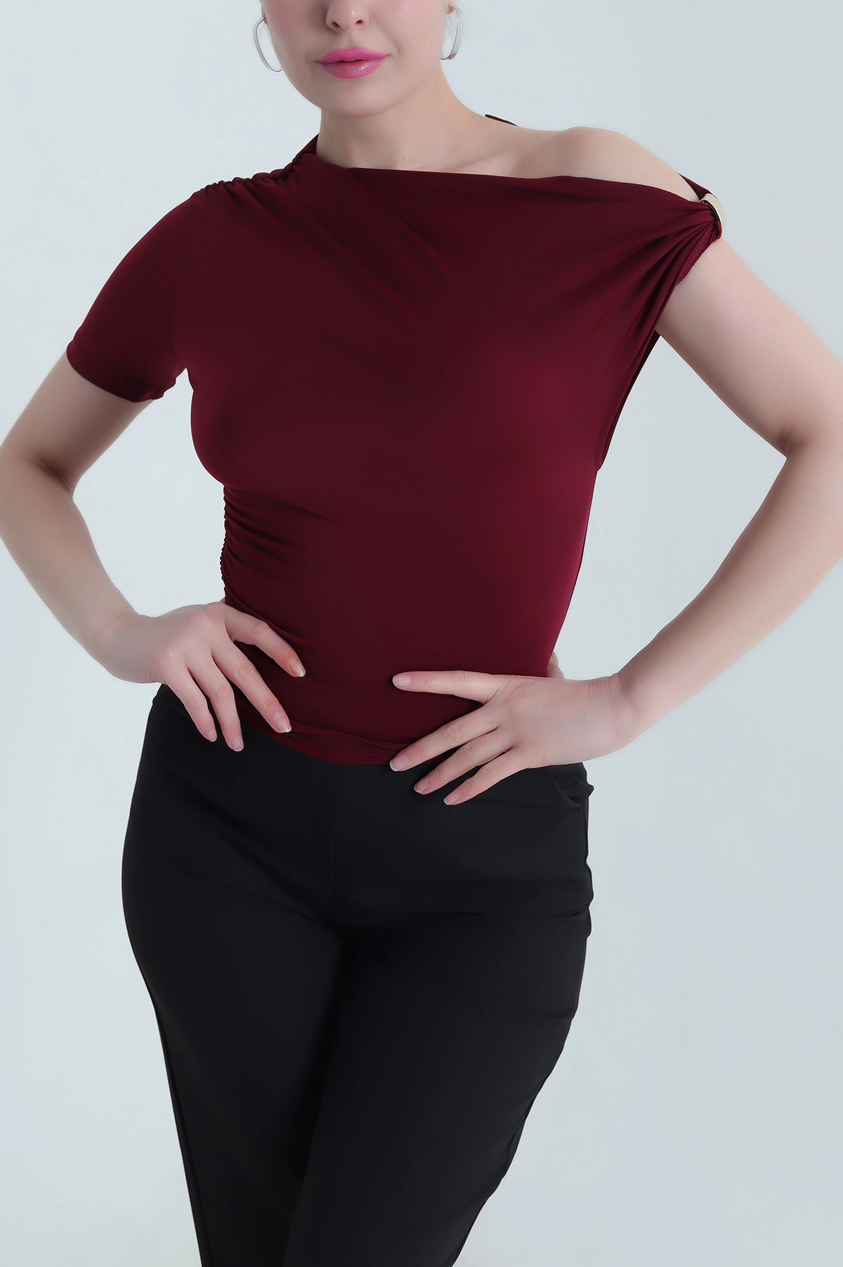 Mürdüm Likralı Tokalı Sandy Kadın Bluz 452627