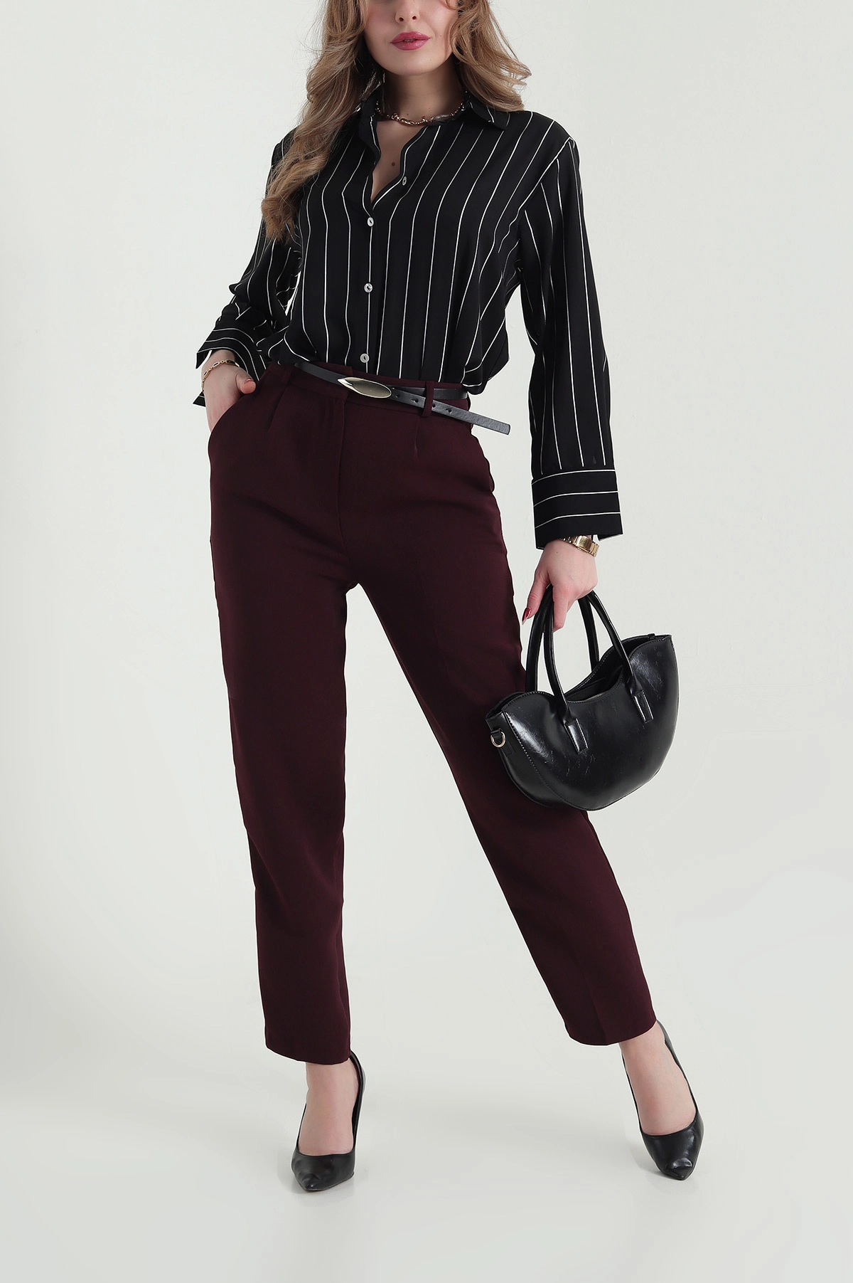 Mürdüm Linda Double Kemer Detaylı Kadın Pantolon 425660