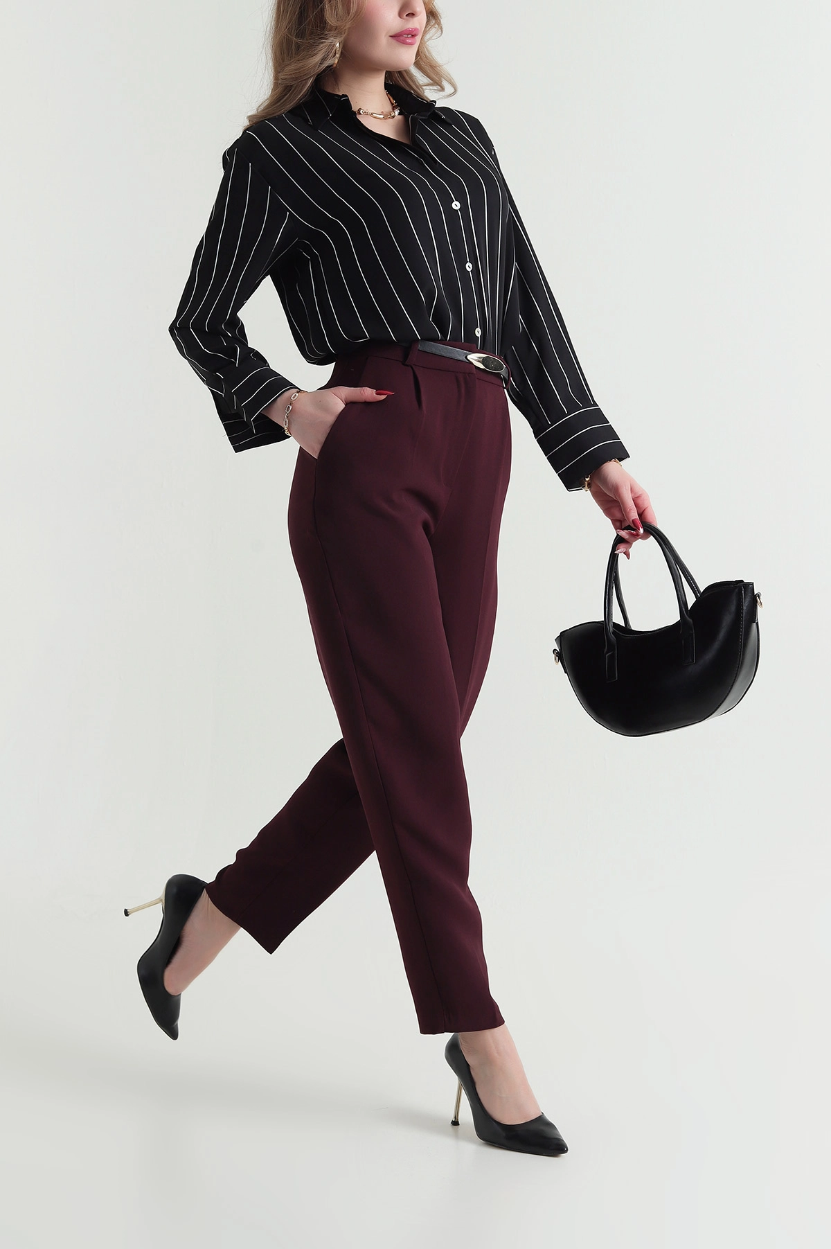 Mürdüm Linda Double Kemer Detaylı Kadın Pantolon 425660