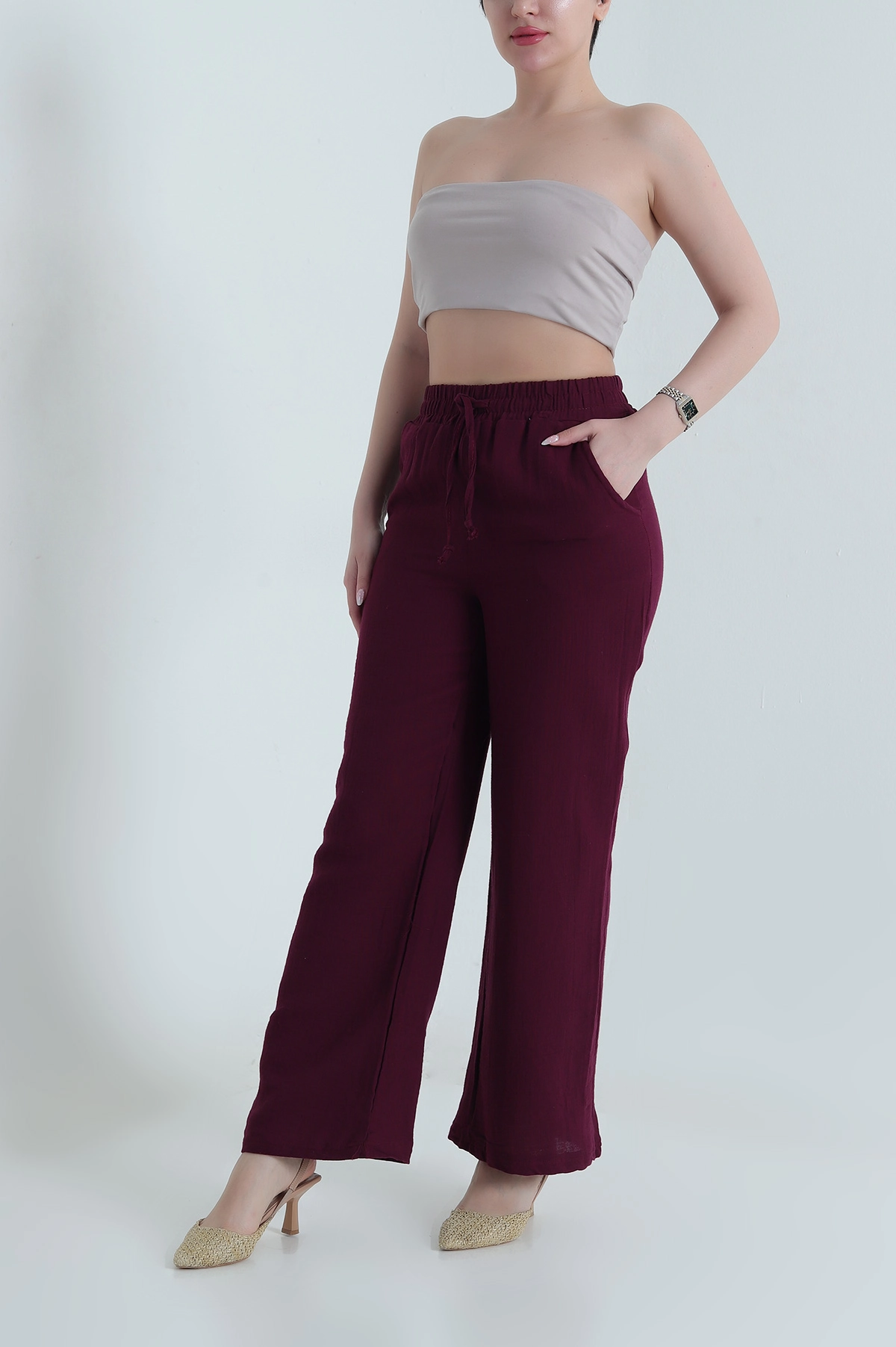 Mürdüm Müslin Keten Kadın Pantolon 462163