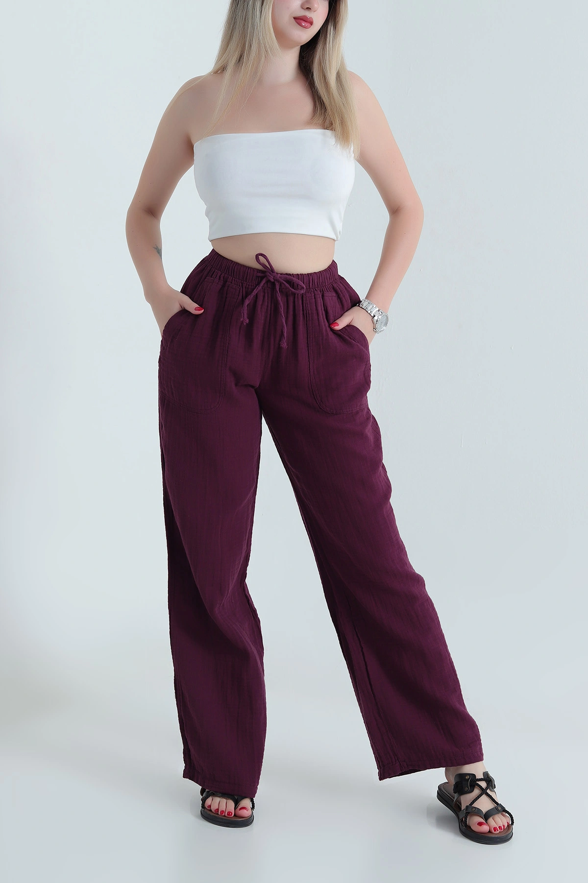 Mürdüm Müslin Keten Kadın Pantolon 467902