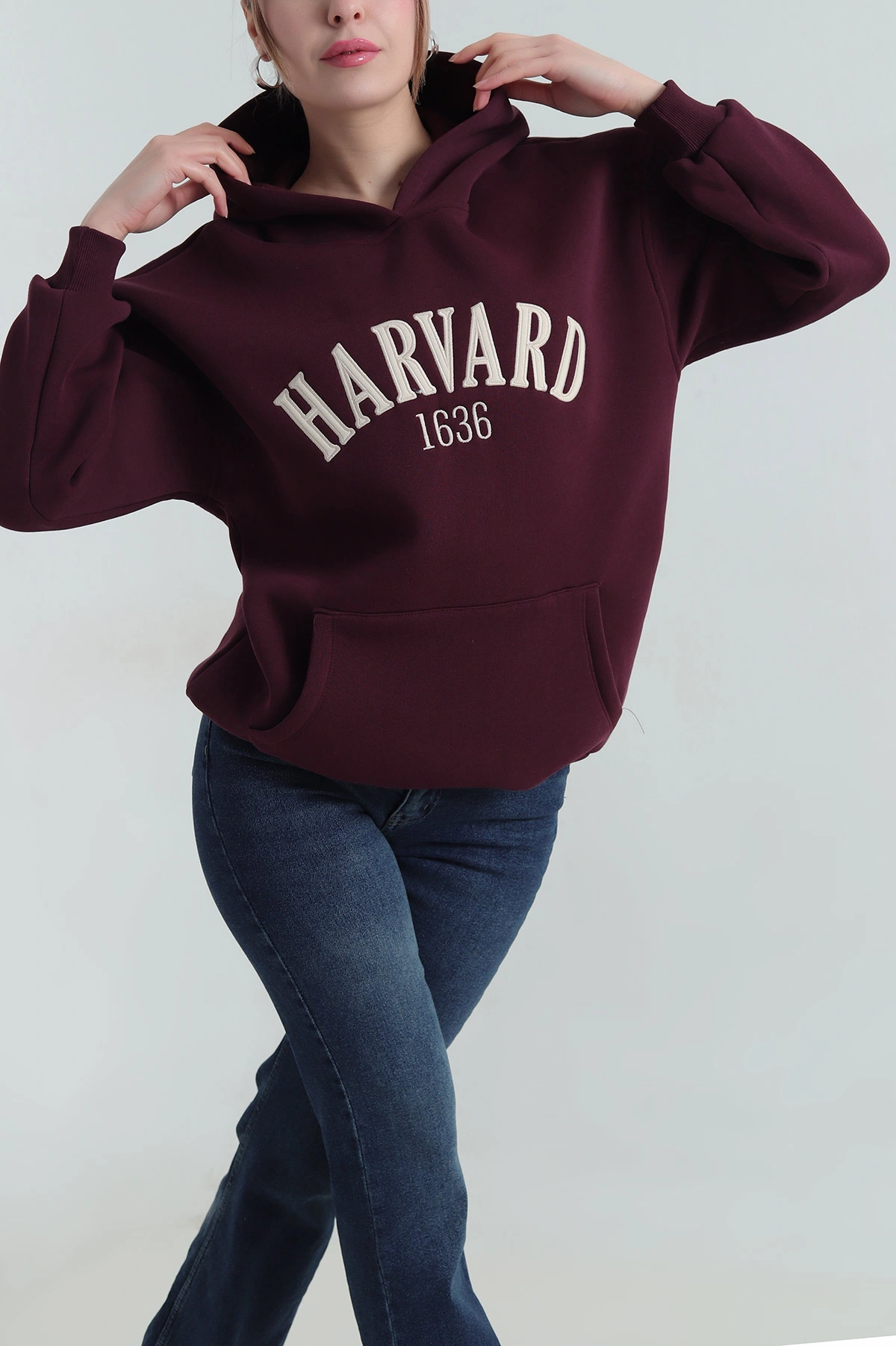 Mürdüm Nakışlı Kapşonlu Şardonlu Üç İp Kadın Sweat 417964