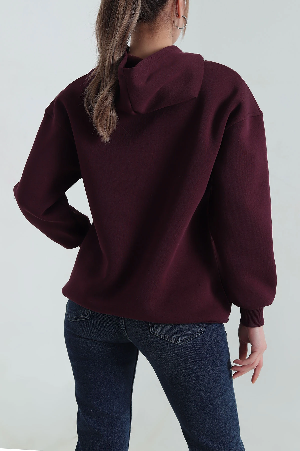 Mürdüm Nakışlı Kapşonlu Şardonlu Üç İp Kadın Sweat 417964