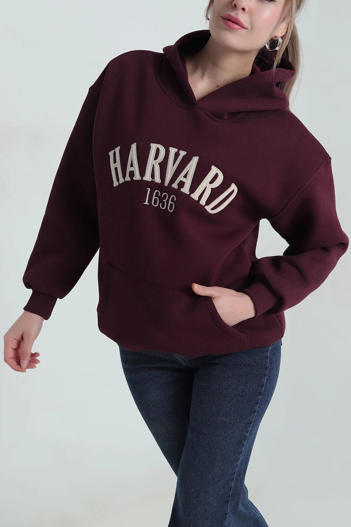Mürdüm Nakışlı Kapşonlu Şardonlu Üç İp Kadın Sweat 417964