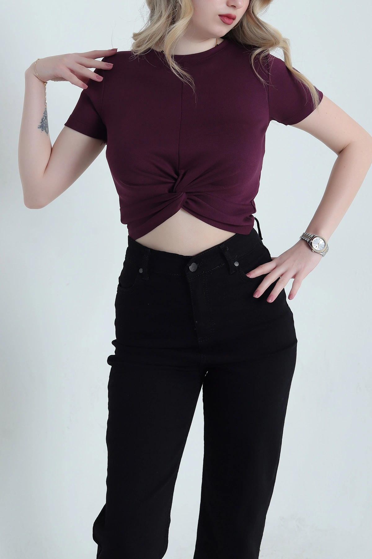 Mürdüm Önü Büzgülü Oysho Kadın Crop 458095