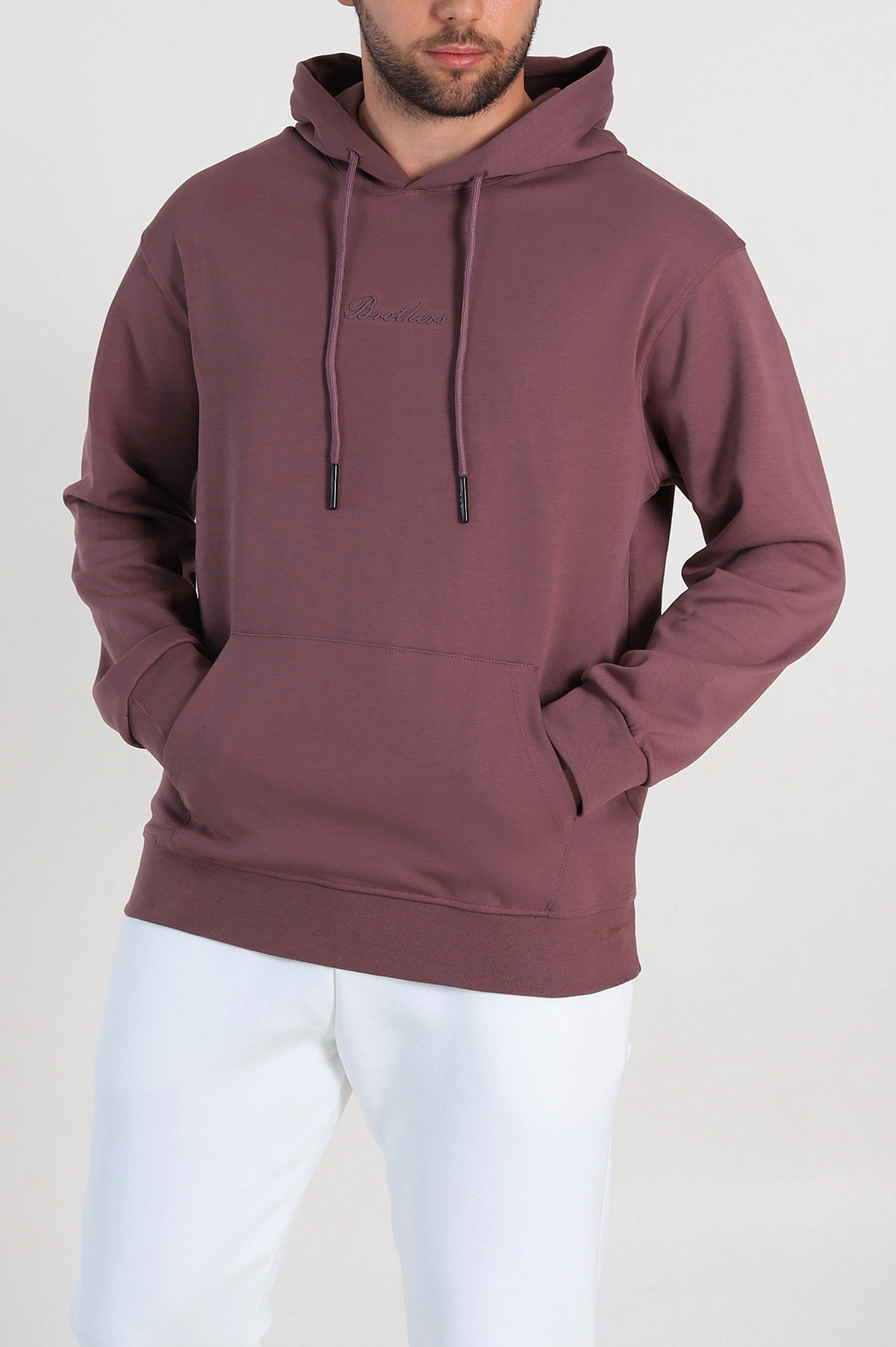 Mürdüm Oversize Duble Kumaş Basic Erkek Kapüşonlu Sweatshirt 300186