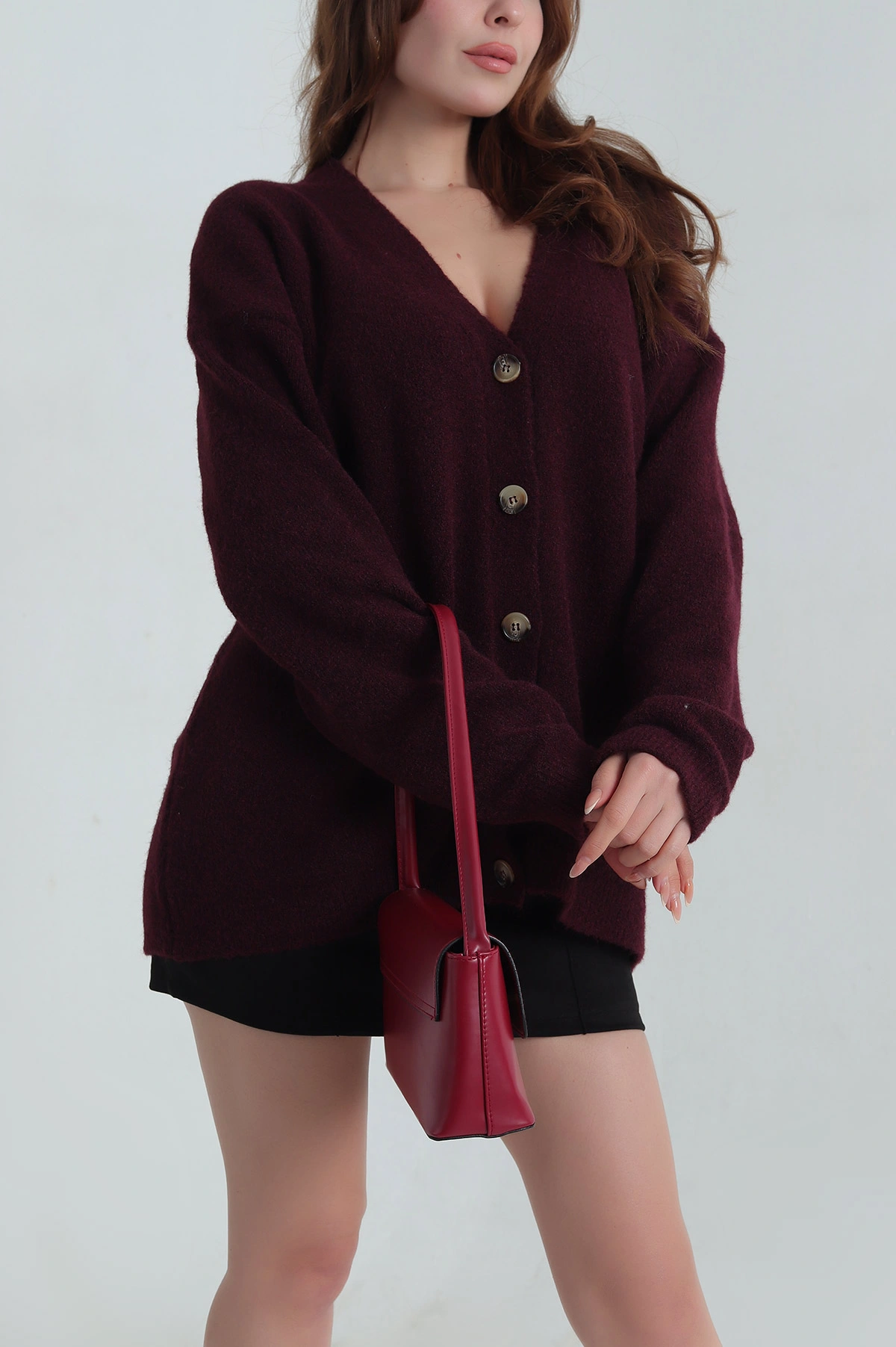 Mürdüm Oversize Kadın Triko Hırka 405453