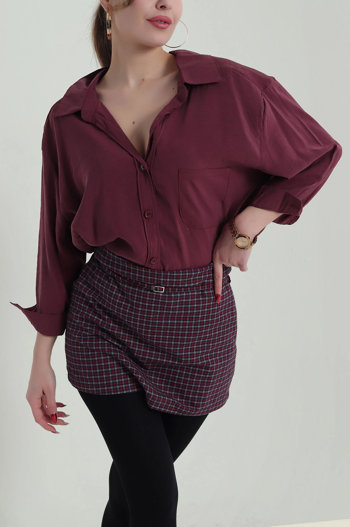 Mürdüm Oversize Modal Kadın Gömlek 427913