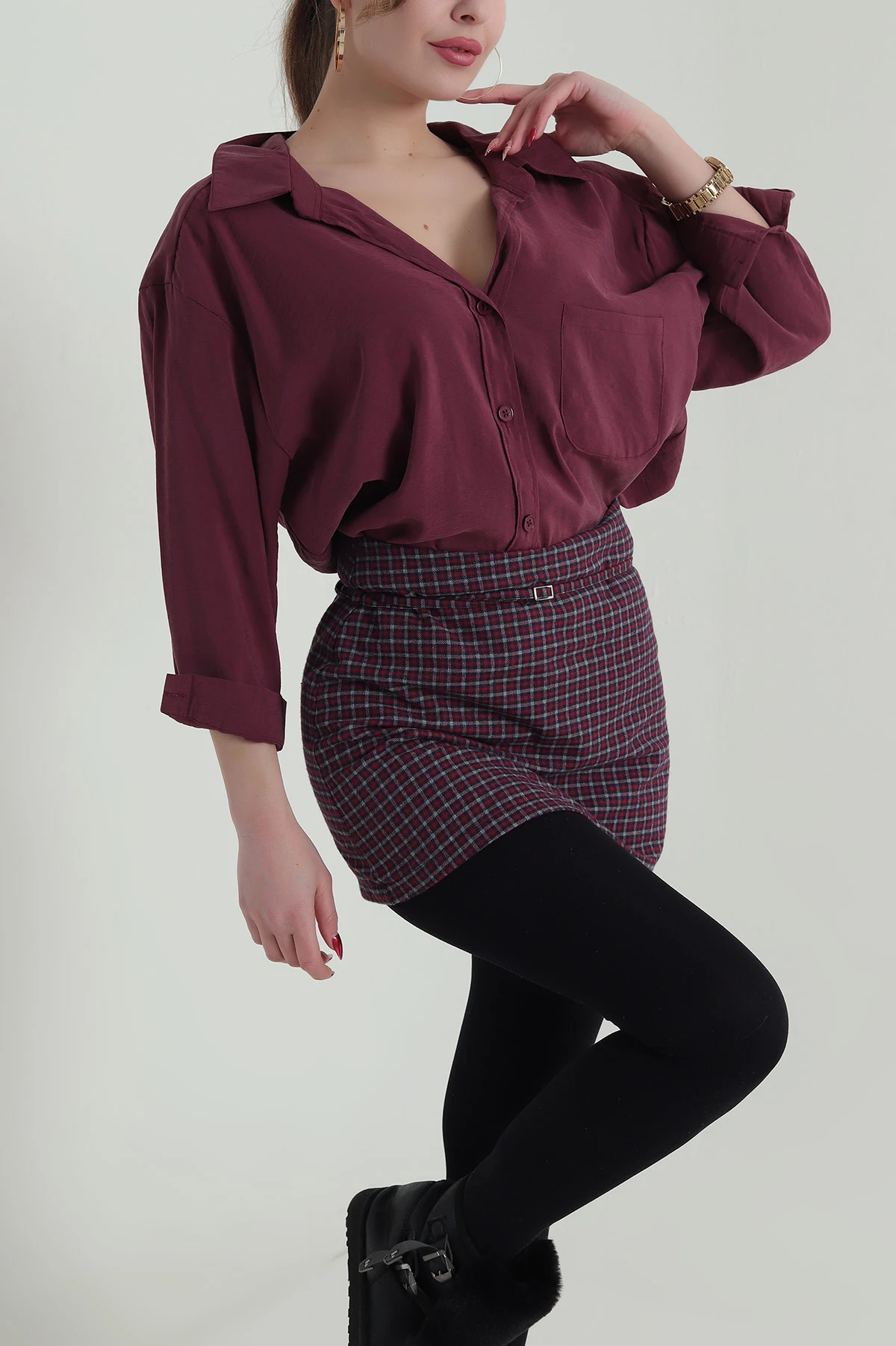 Mürdüm Oversize Modal Kadın Gömlek 427913