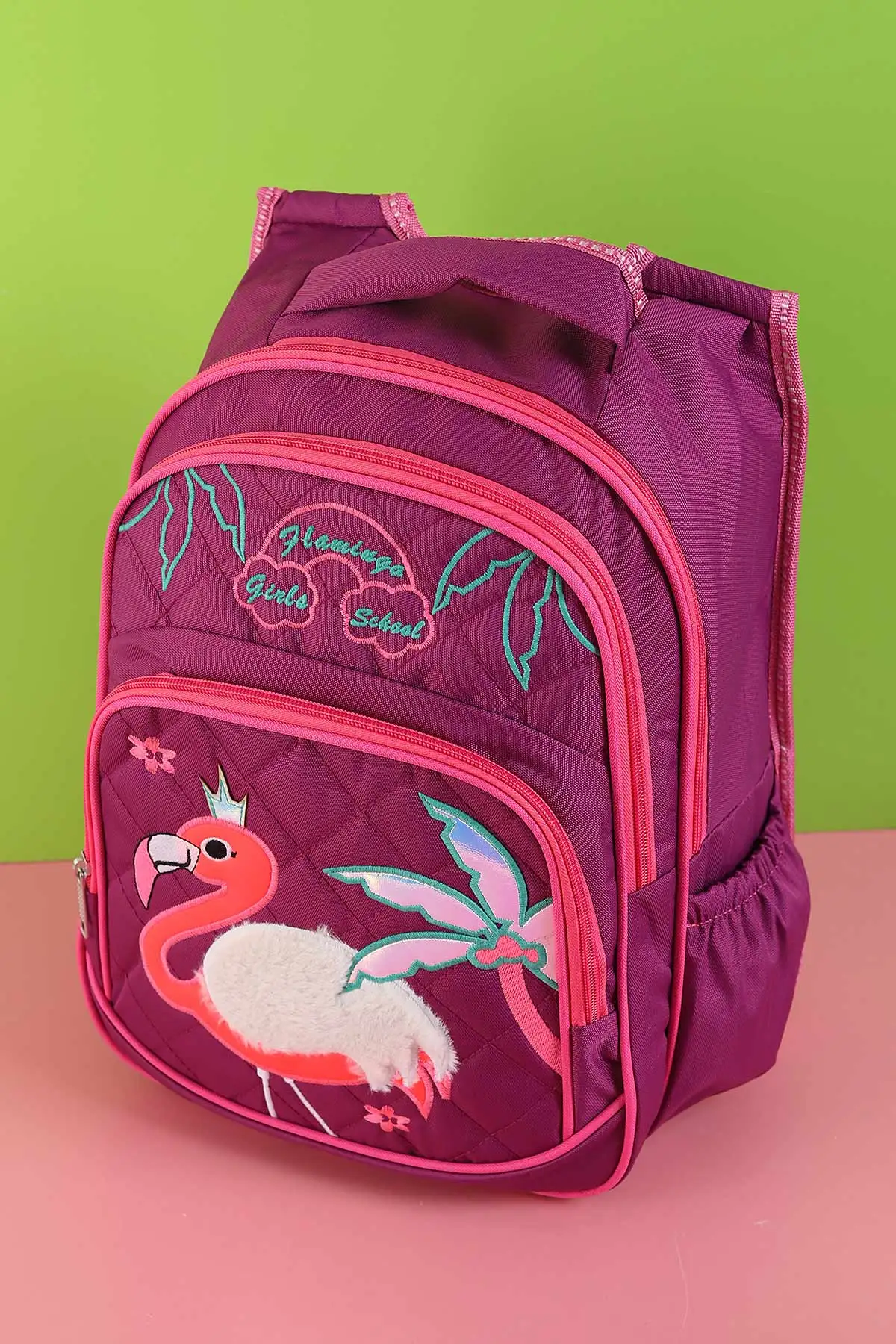 Mürdüm Peluş Flamingo Kabartma Desenli Beslenme Çantalı İkili Sırt Çantası Seti 288991