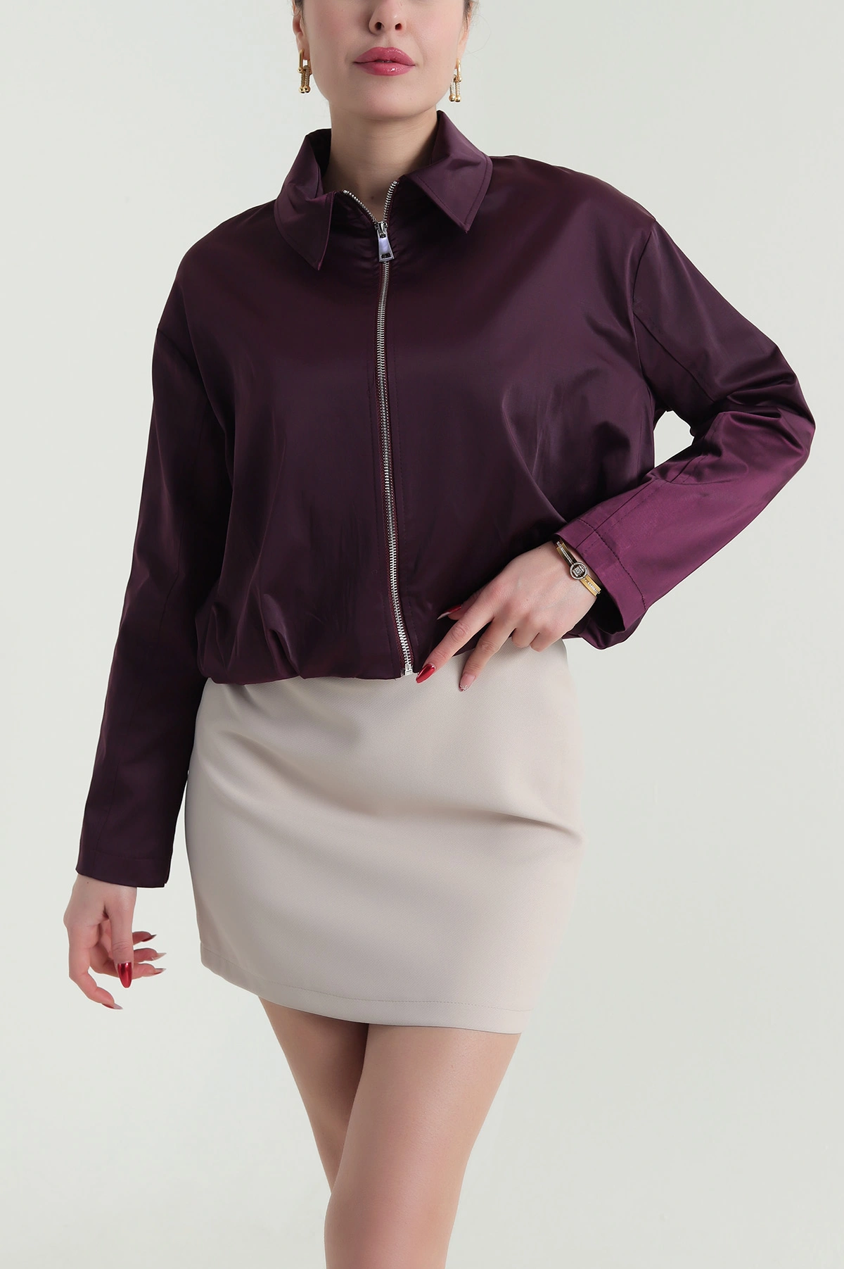 Mürdüm Pile Detay Saten Kadın Bomber Ceket 425461