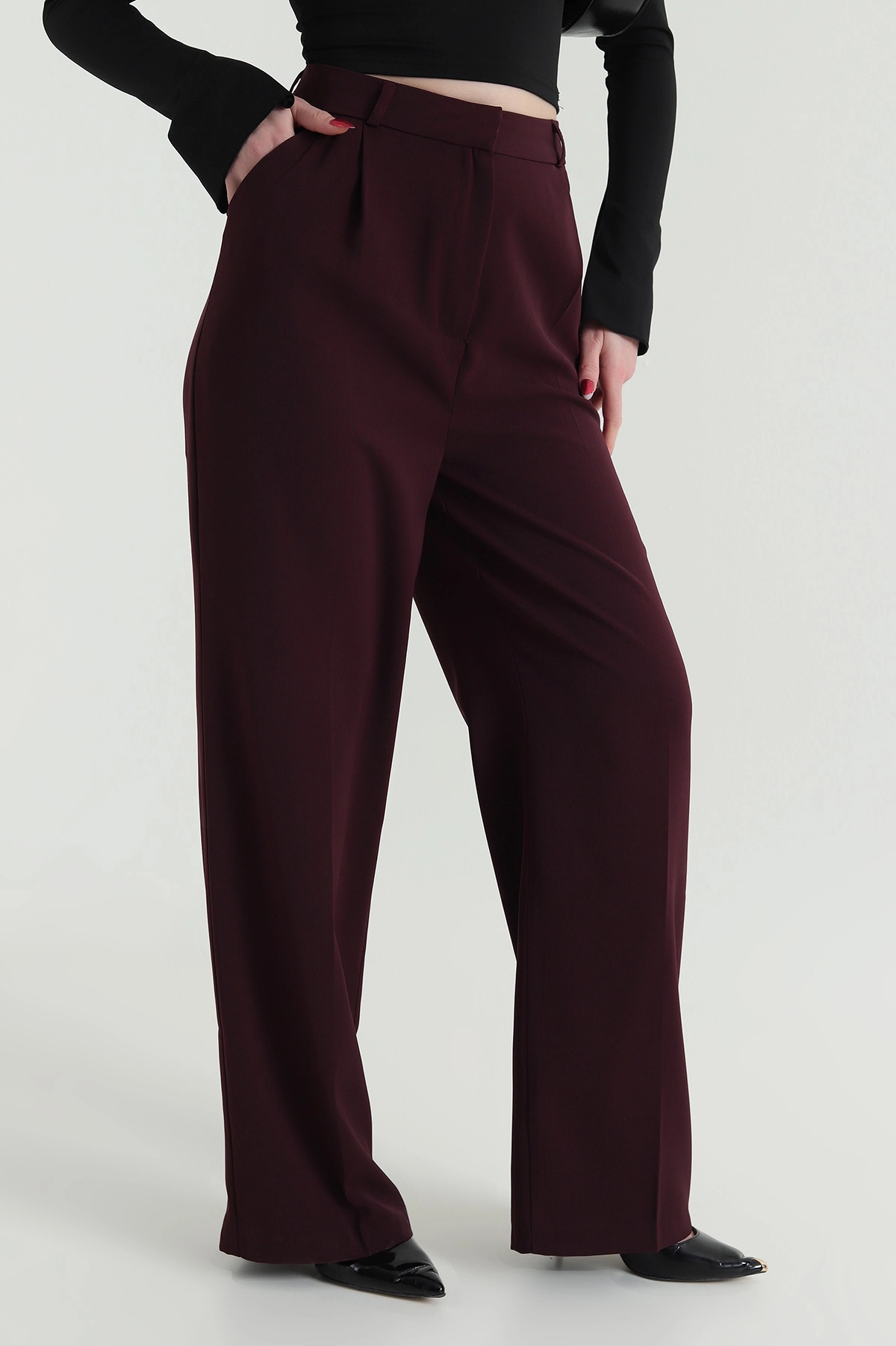 Mürdüm Pileli Palazzo Twill Kadın Pantolon 425422