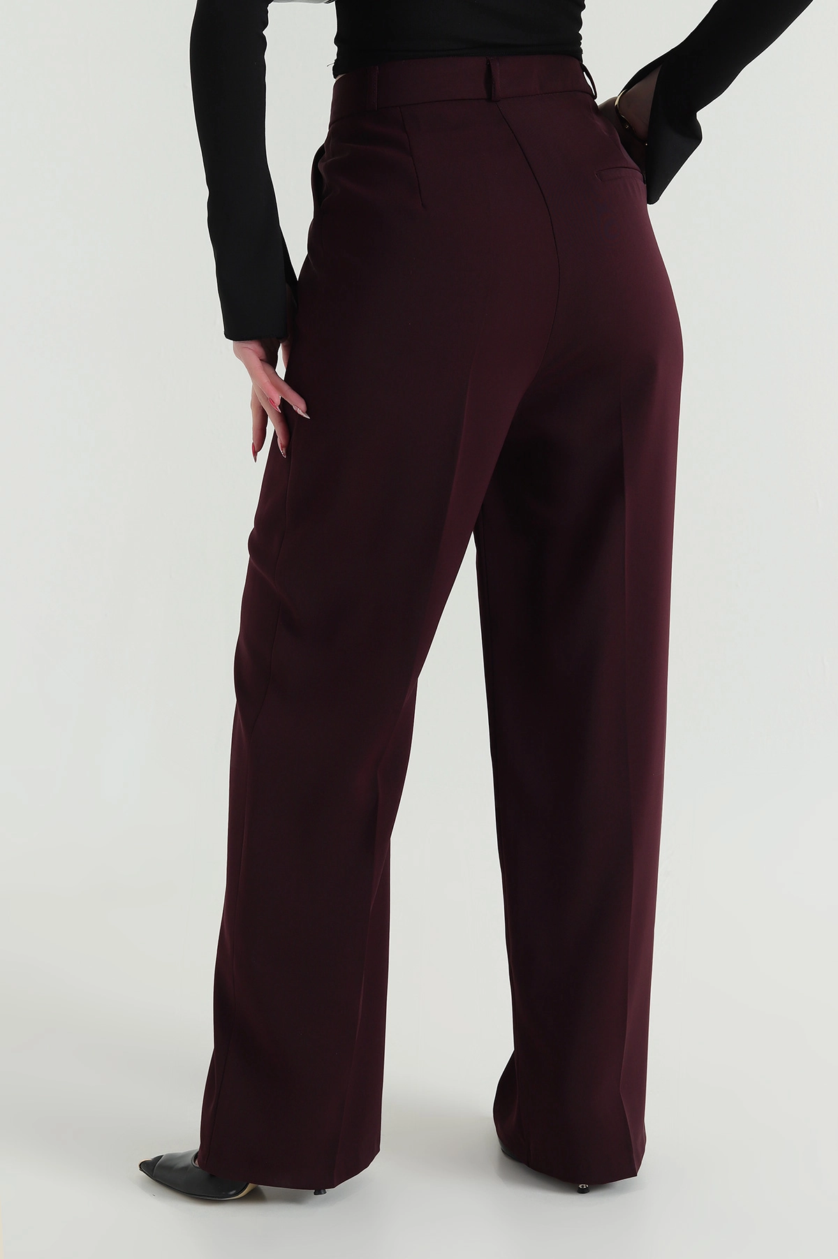 Mürdüm Pileli Palazzo Twill Kadın Pantolon 425422