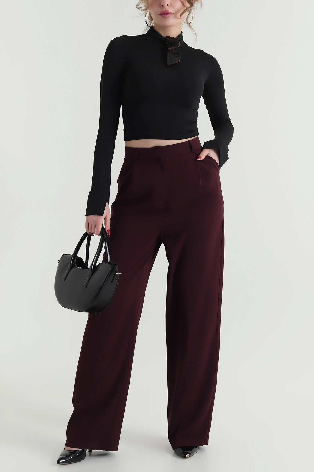 Mürdüm Pileli Palazzo Twill Kadın Pantolon 425422