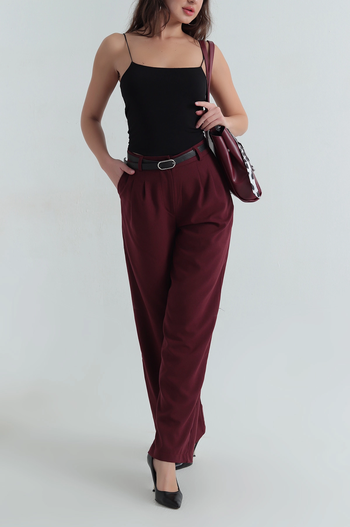 Mürdüm Poliviskon Kemerli Kadın Pantolon 406369