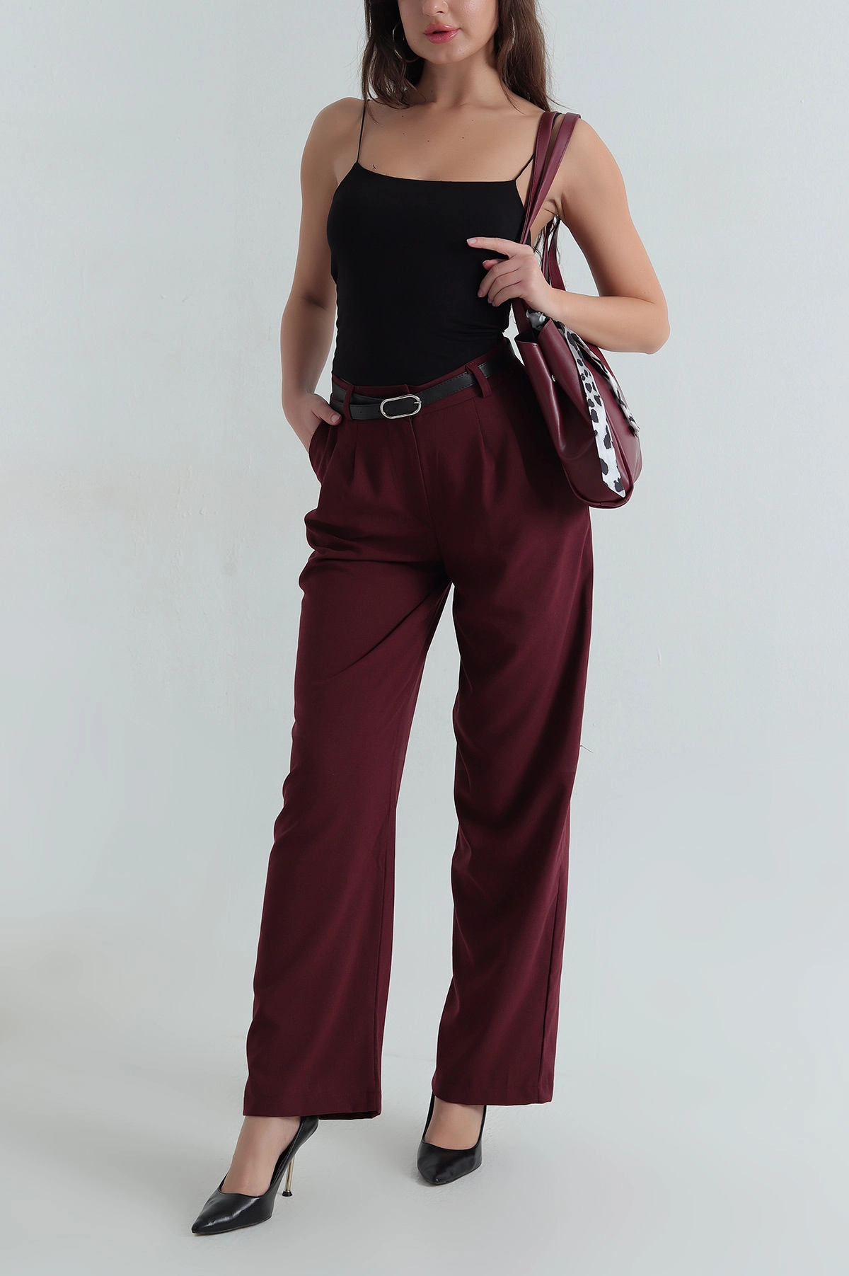 Mürdüm Poliviskon Kemerli Kadın Pantolon 406369