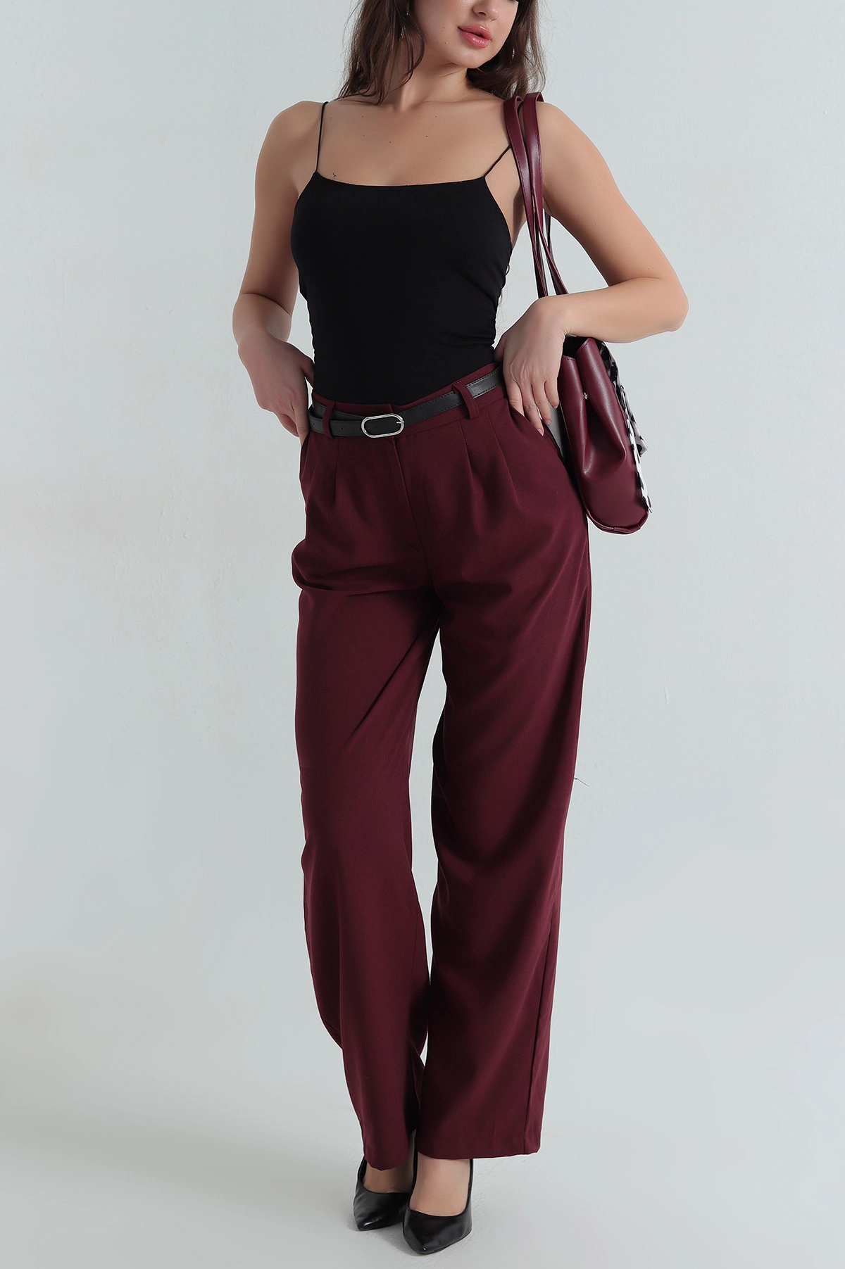 Mürdüm Poliviskon Kemerli Kadın Pantolon 406369