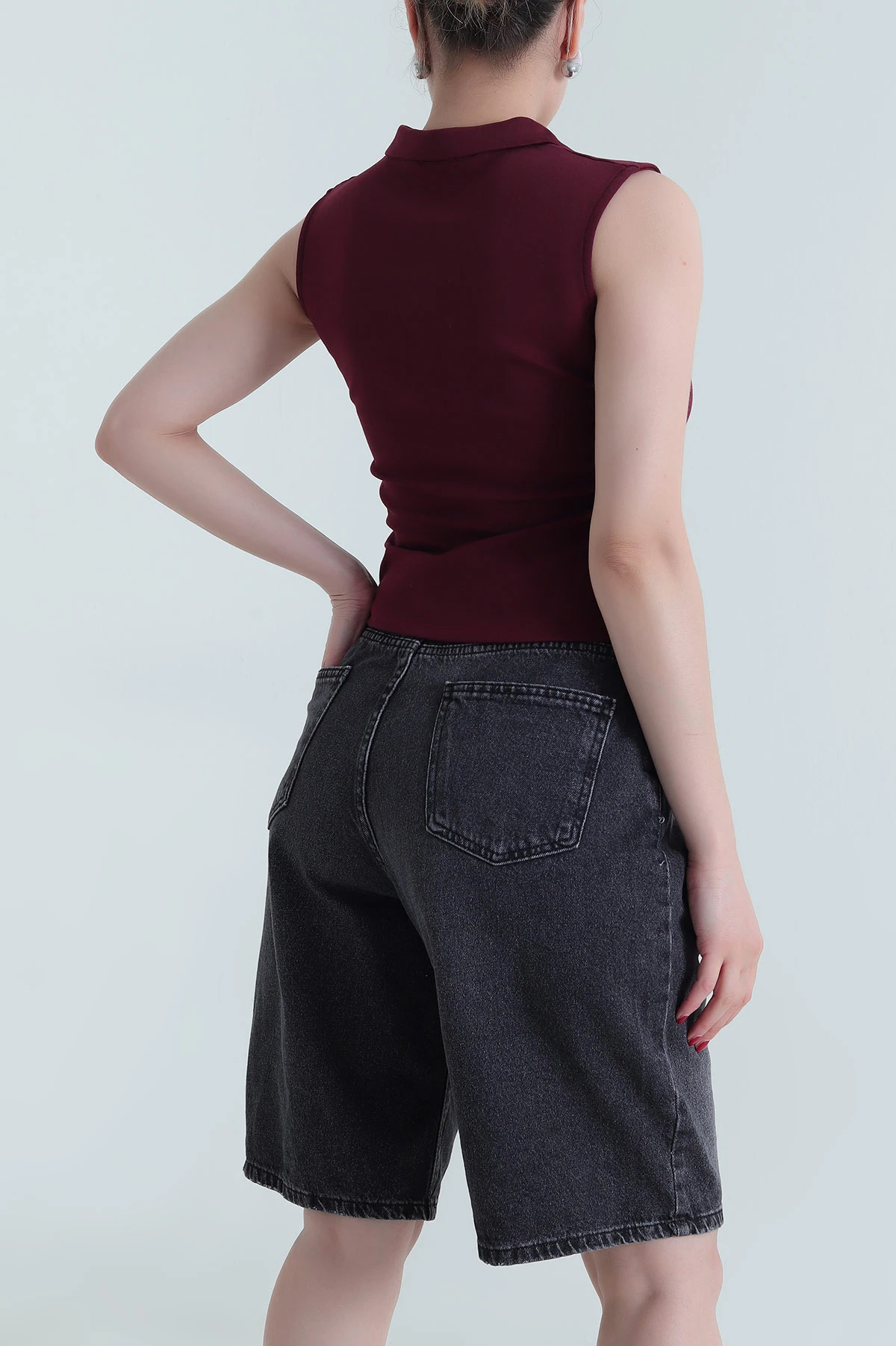 Mürdüm Polo Yaka Fermuarlı Kadın Body Bluz 467084