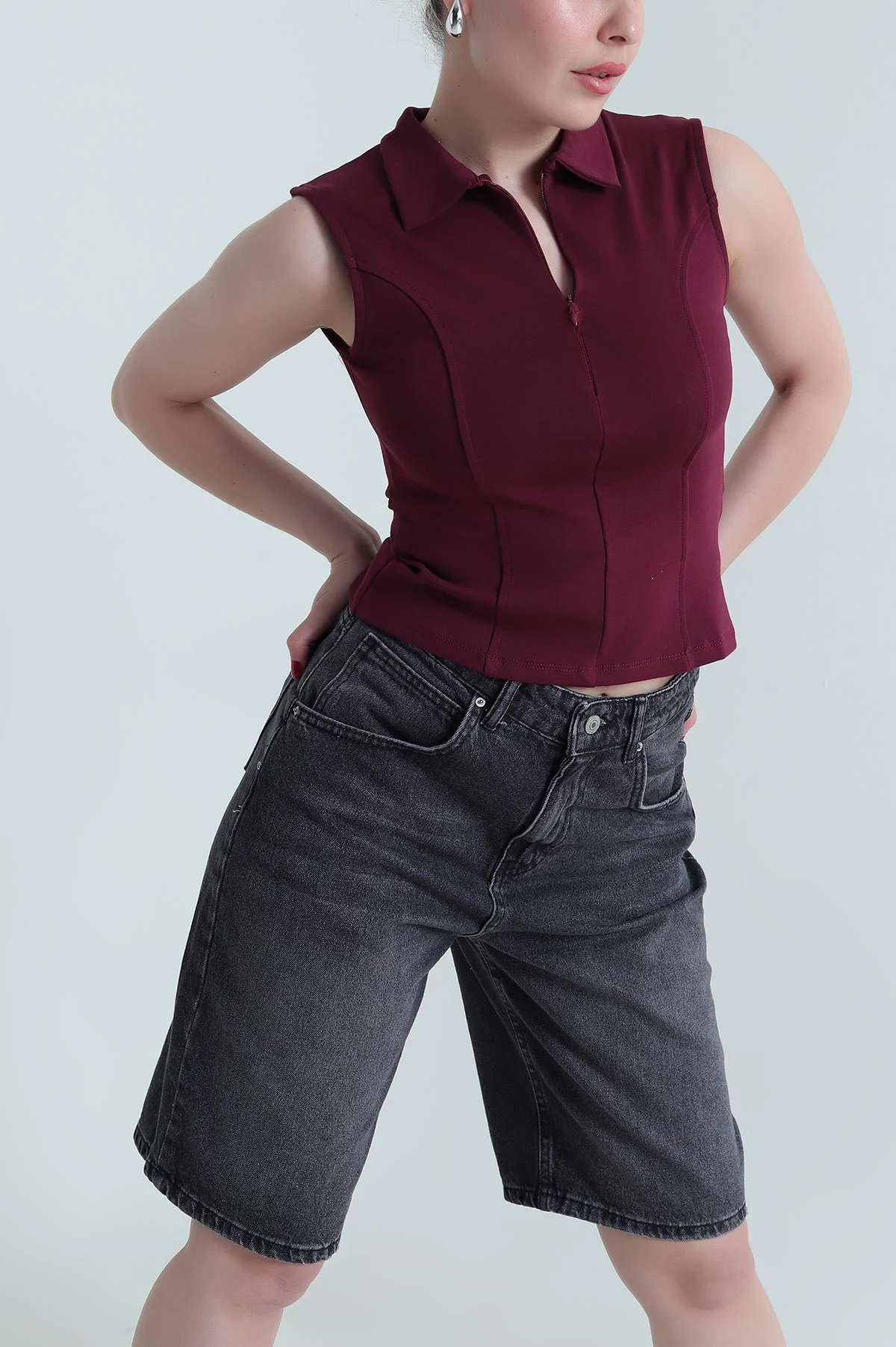 Mürdüm Polo Yaka Fermuarlı Kadın Body Bluz 467084