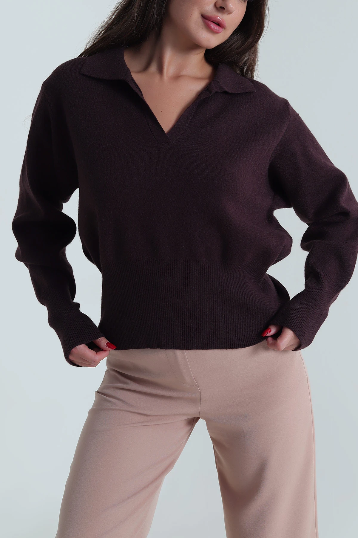 Mürdüm Polo Yaka Kadın Triko Kazak 489704