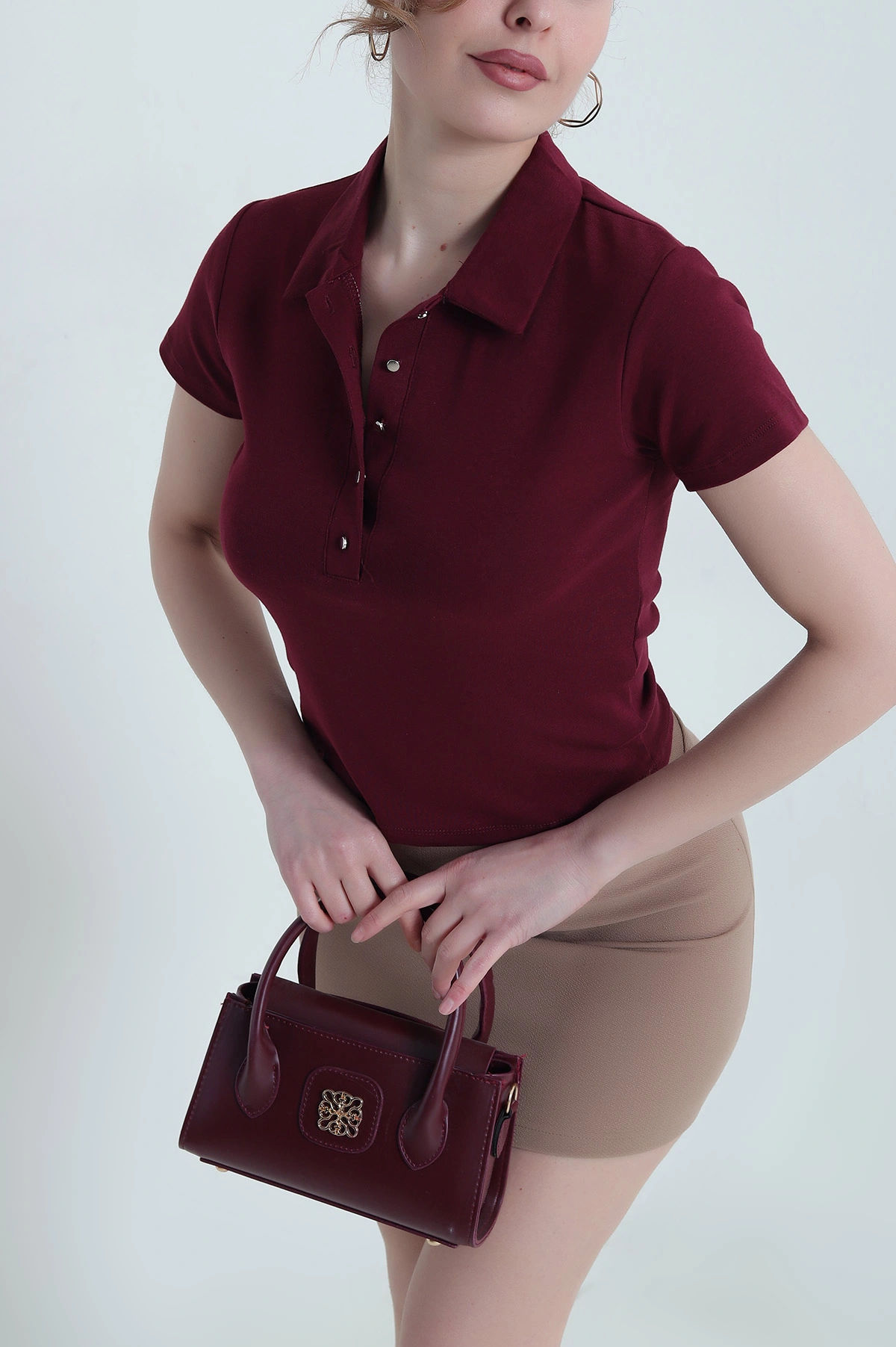 Mürdüm Polo Yaka Ribana Kadın Bluz 446620