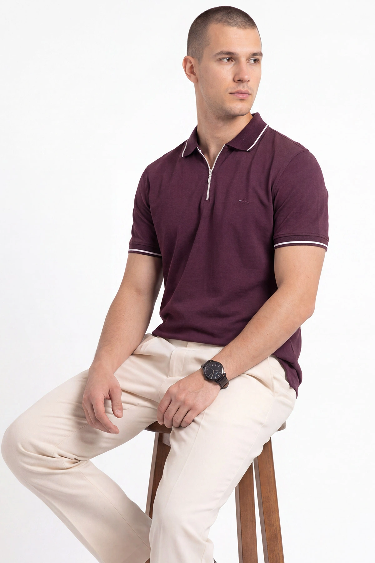 Mürdüm Polo Yaka Yarım Fermuarlı Erkek Tişört 471701