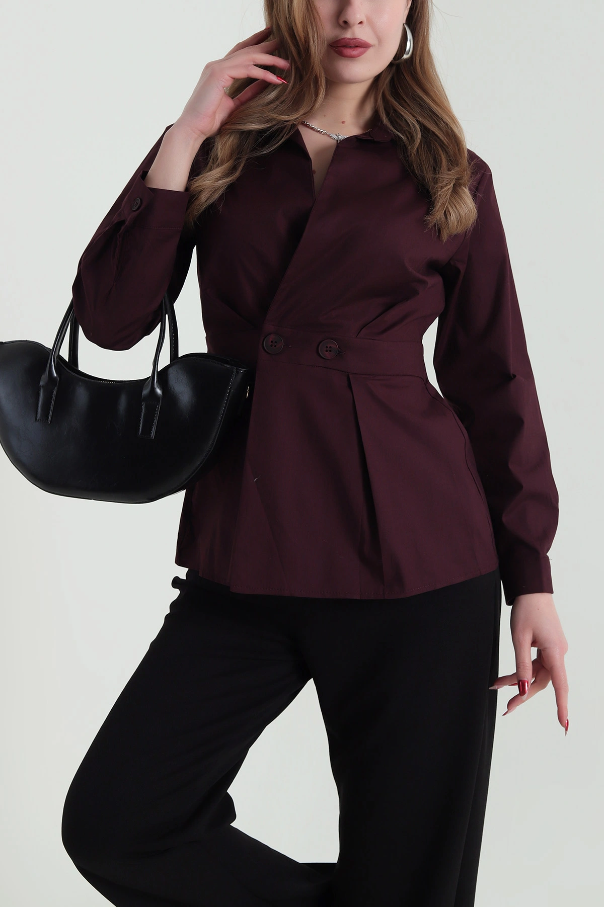 Mürdüm Poplin Dokuma Kadın Gömlek Bluz 425482