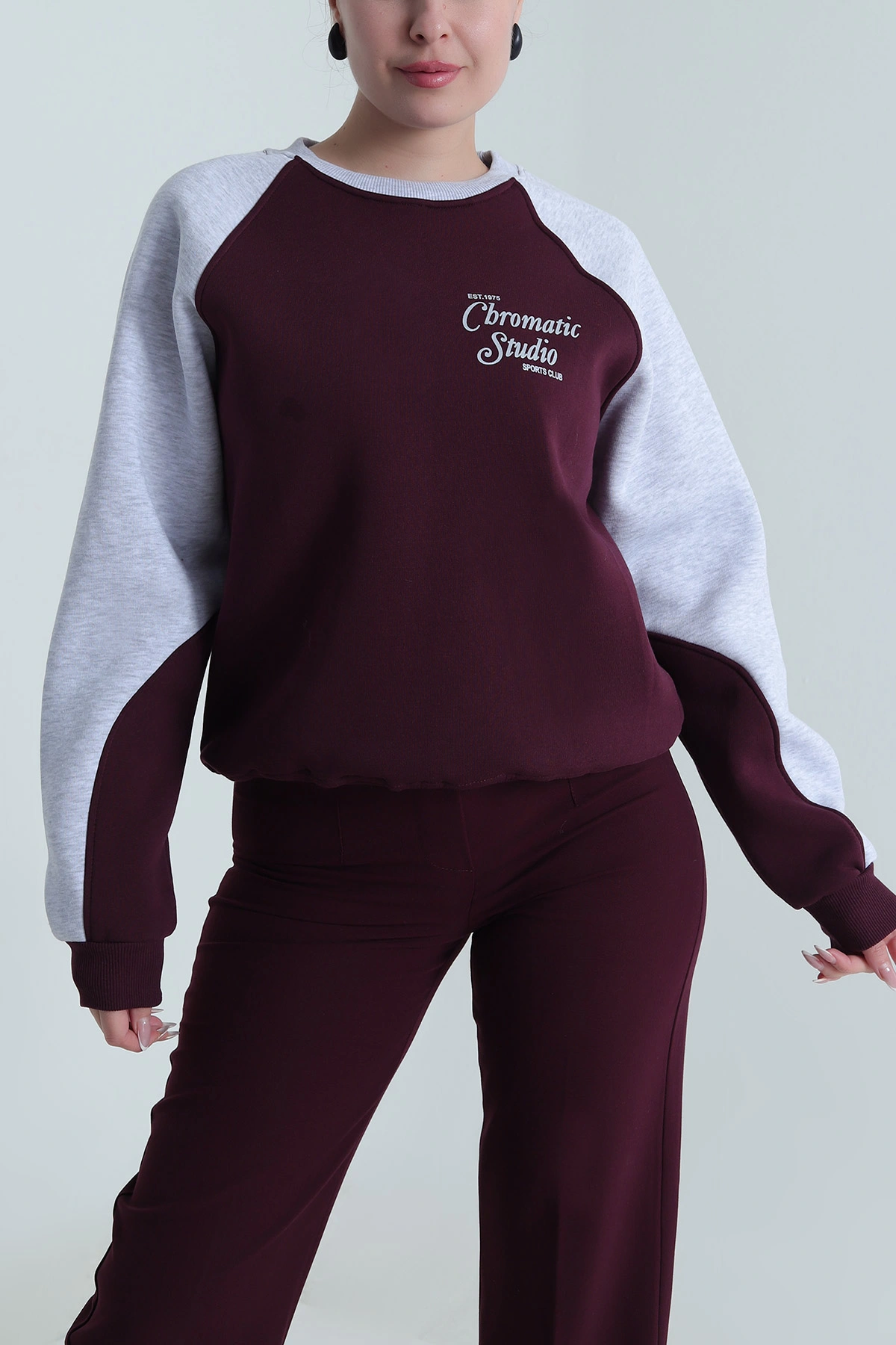 Mürdüm Şardonlu Üç İp Kadın Fermuarsız Sweat 492542
