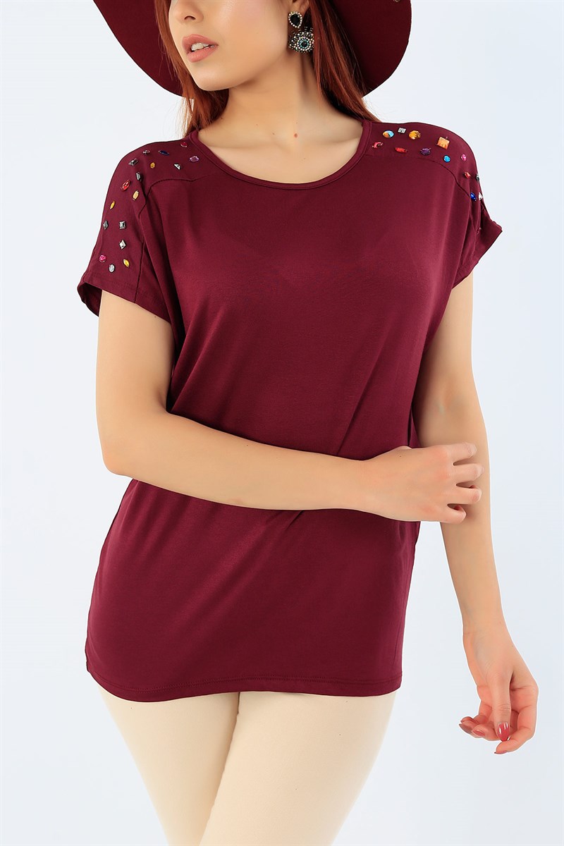 Mürdüm Taş İşlemeli Bluz 31864