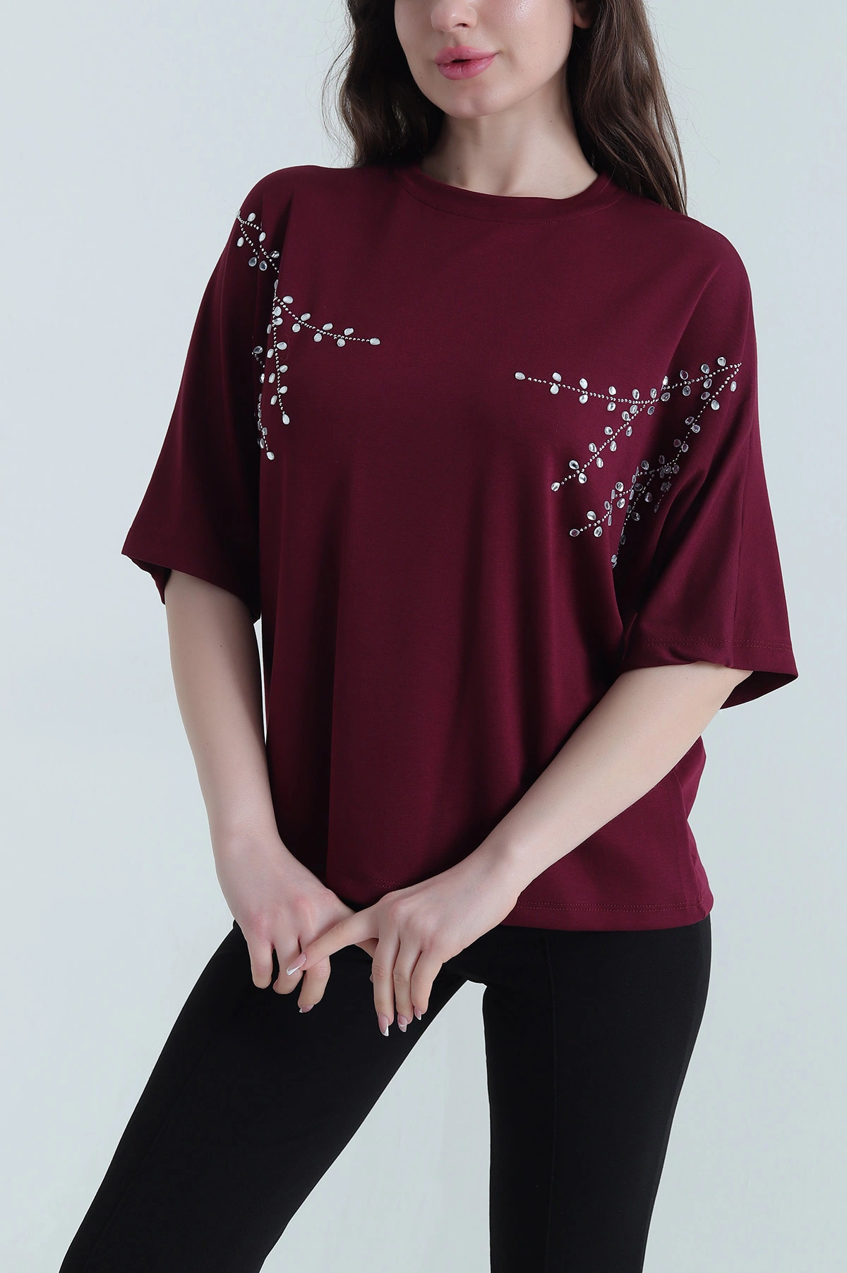 Mürdüm Taş İşlemeli Modal Kadın Bluz 452746