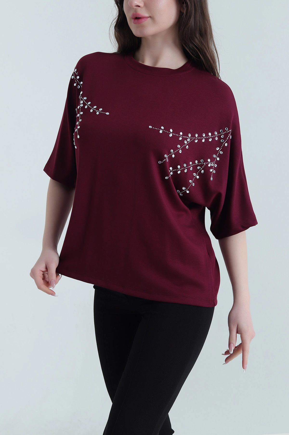 Mürdüm Taş İşlemeli Modal Kadın Bluz 452746