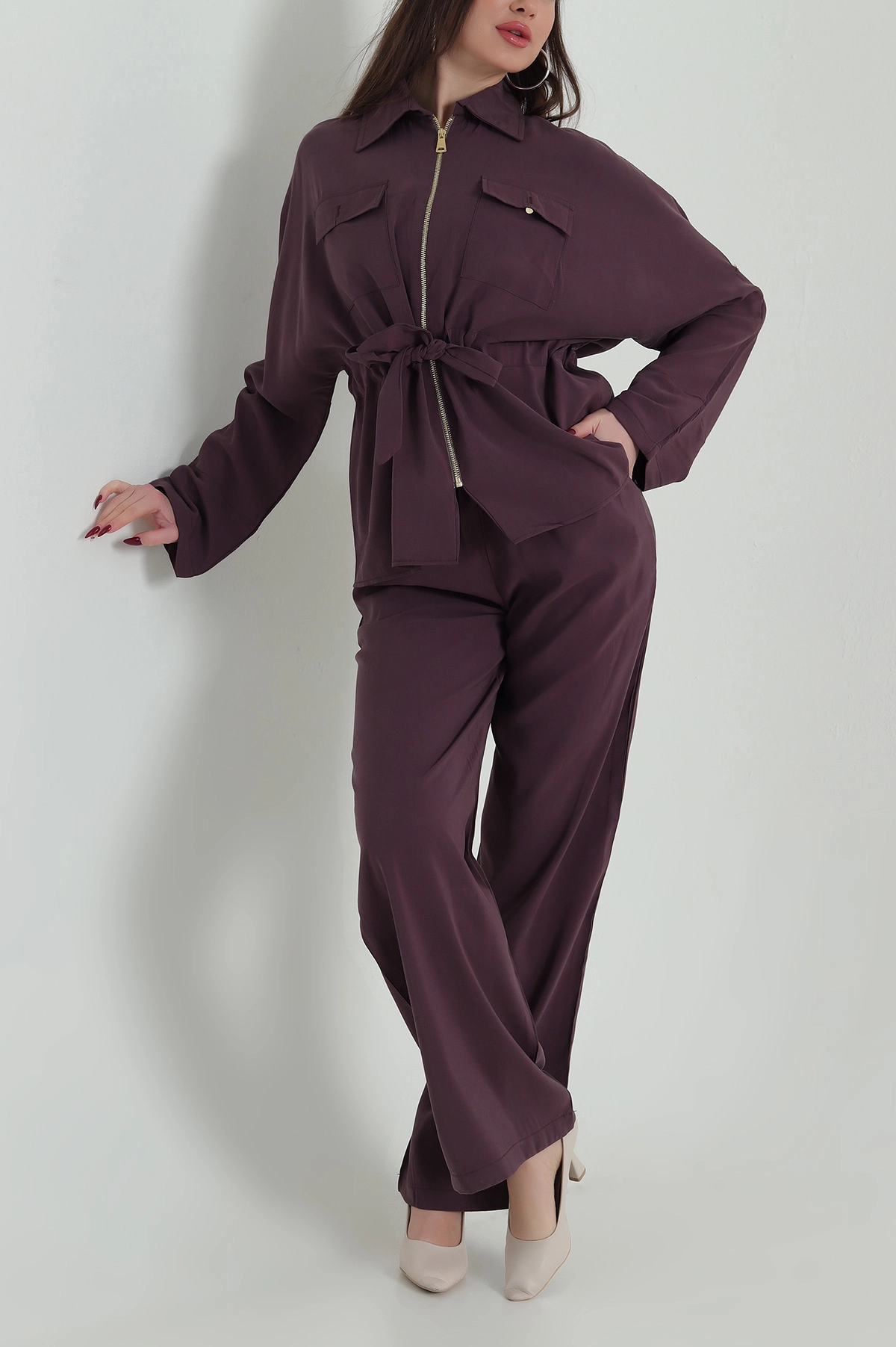 Mürdüm Tencel Fermuarlı Çift Cep Kadın İkili Takım 422072