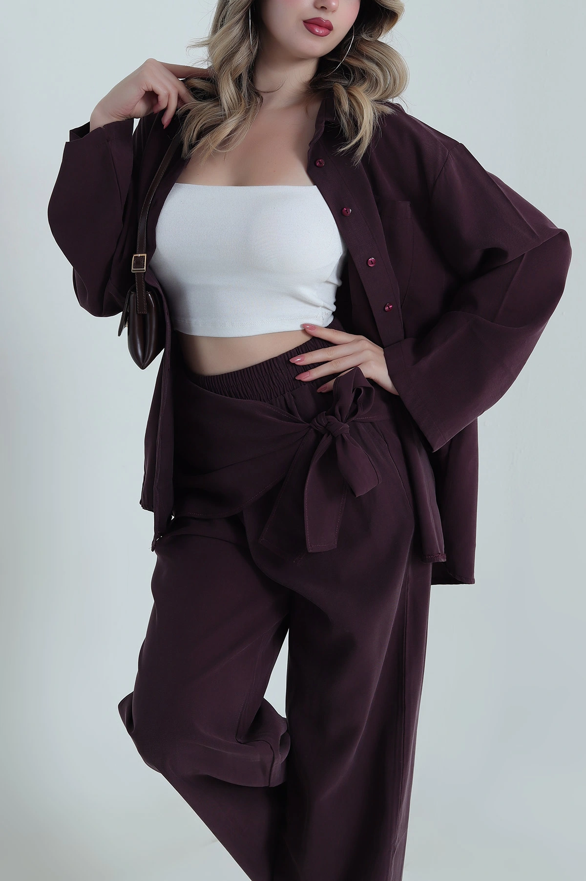 Mürdüm Tensel Gabardin Fularlı Kadın İkili Takım 485644