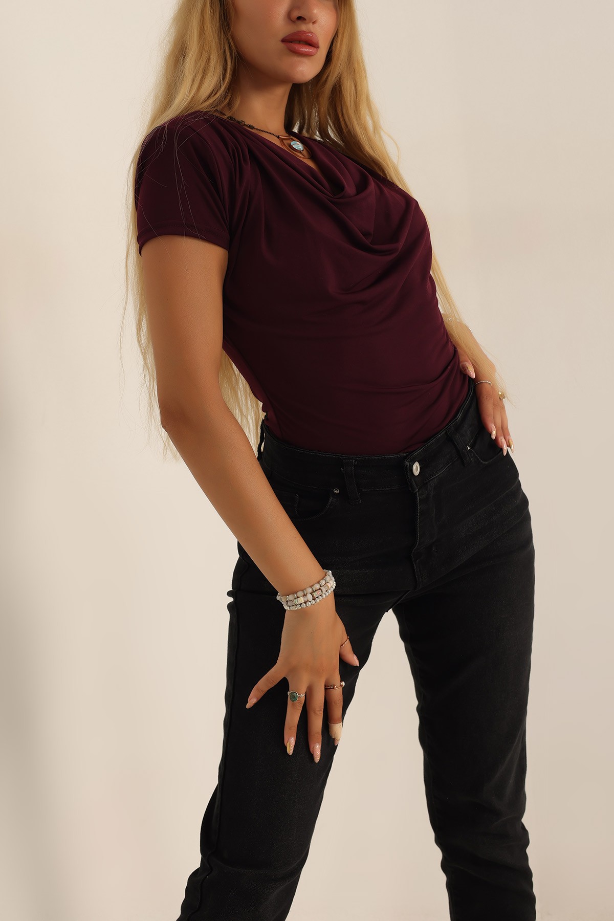 Mürdüm Vatkalı Sandy Kumaş Bluz 198558