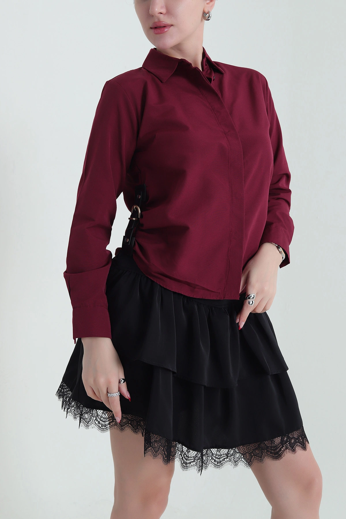 Mürdüm Yanı Kemerli Poplin Dokuma Kadın Gömlek 432107
