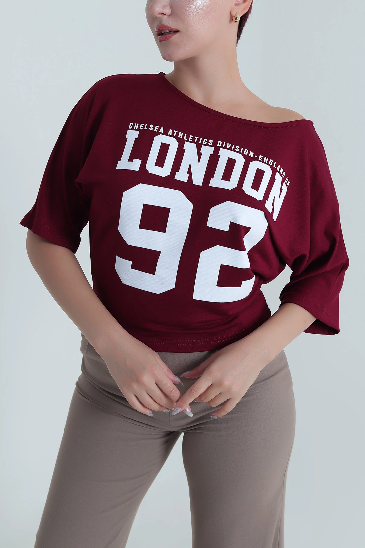 Mürdüm Yarasa Kol Baskılı Kadın Kristal Bluz 483242