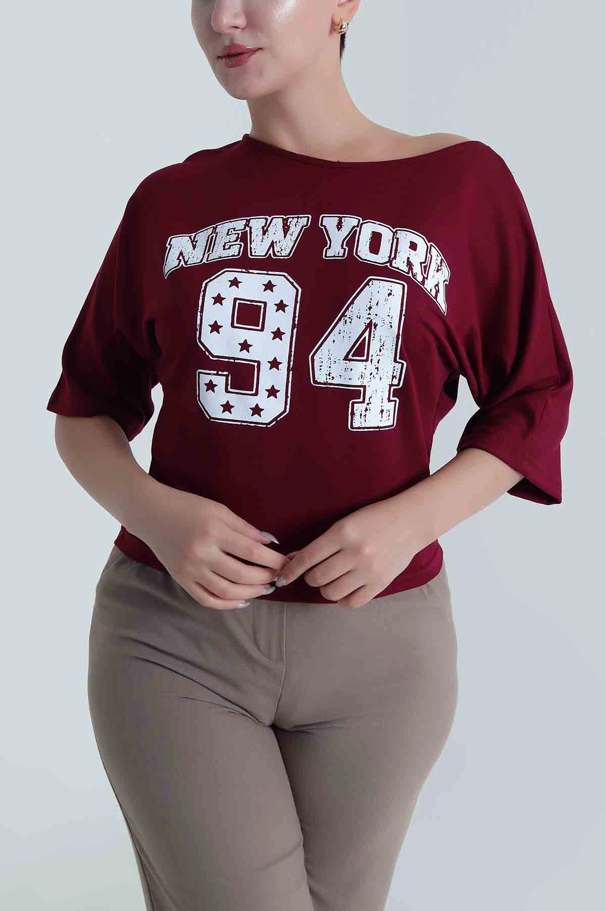 Mürdüm Yarasa Kol Baskılı Kadın Kristal Bluz 483253