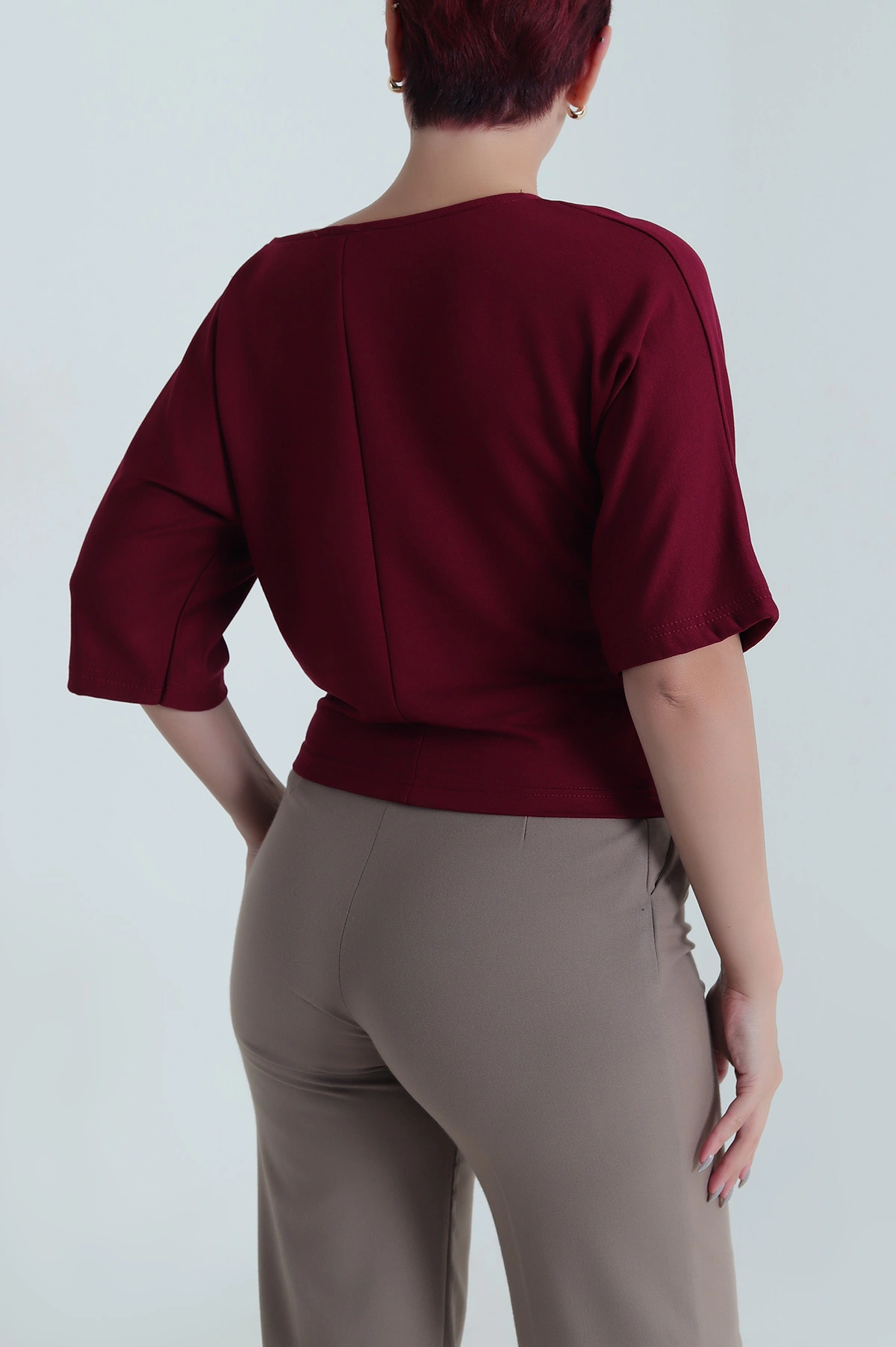 Mürdüm Yarasa Kol Baskılı Kadın Kristal Bluz 483253