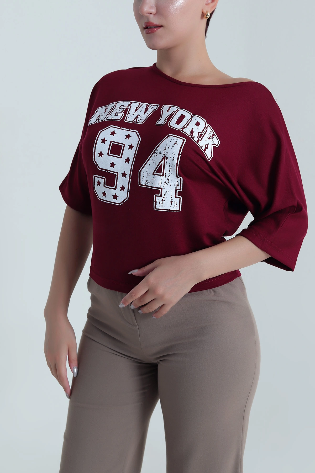 Mürdüm Yarasa Kol Baskılı Kadın Kristal Bluz 483253