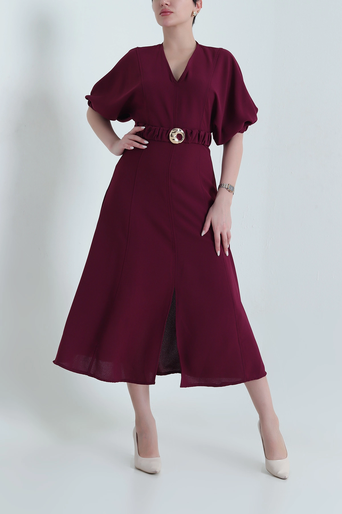 Mürdüm Yarasa Kol İthal Crep Kadın Elbise 446693