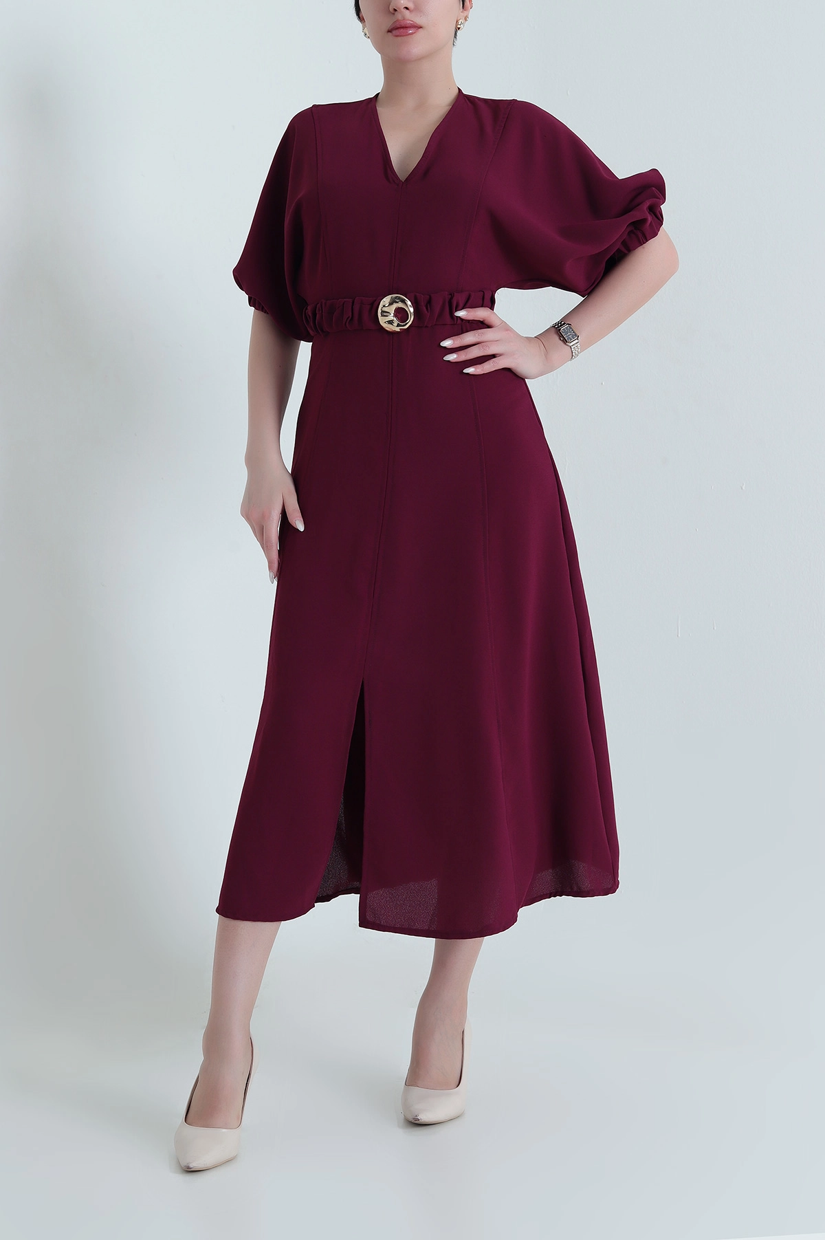 Mürdüm Yarasa Kol İthal Crep Kadın Elbise 446693