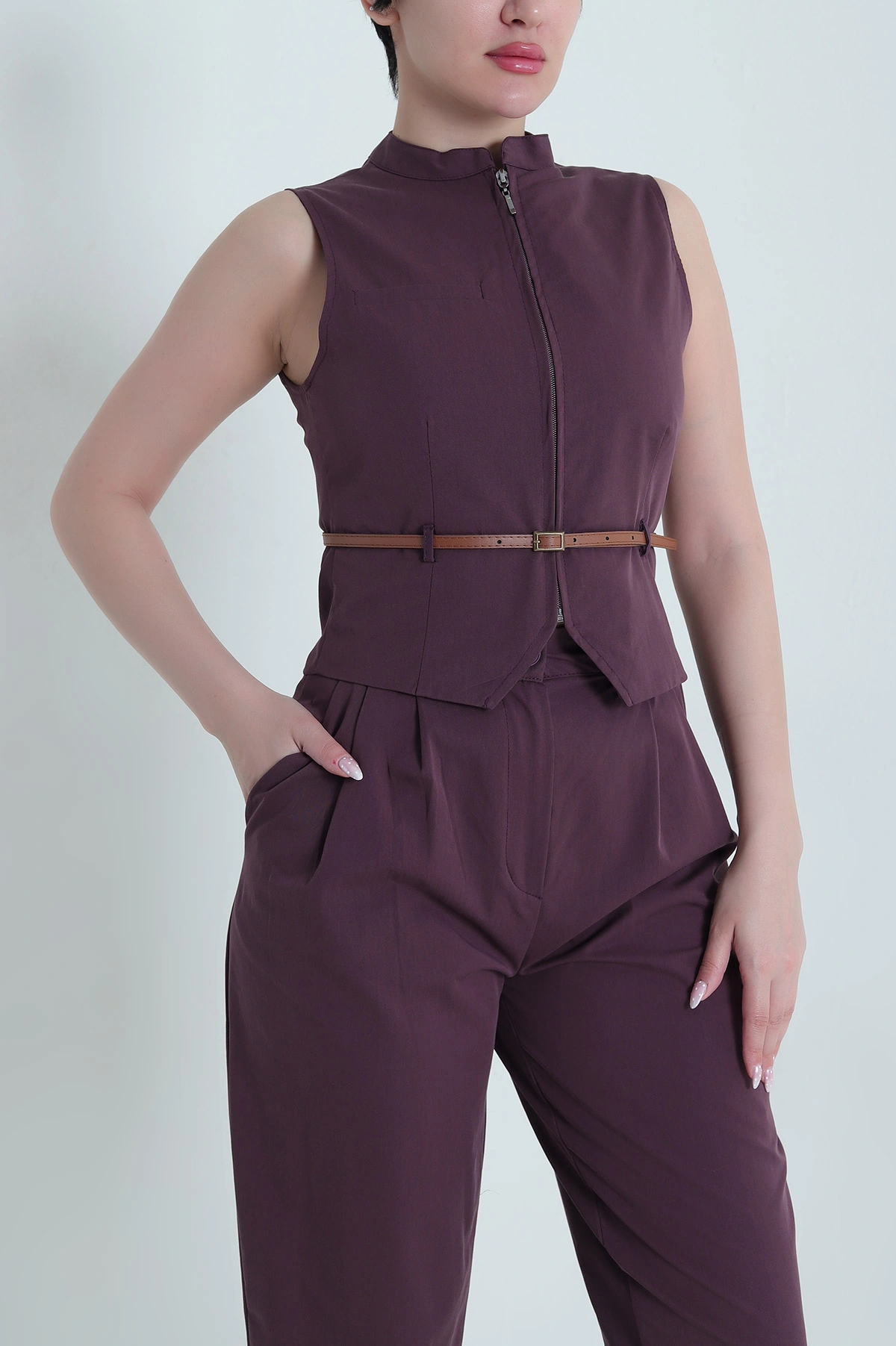 Mürdüm Yelek Pantolon Larimar Kadın İkili Takım 457089