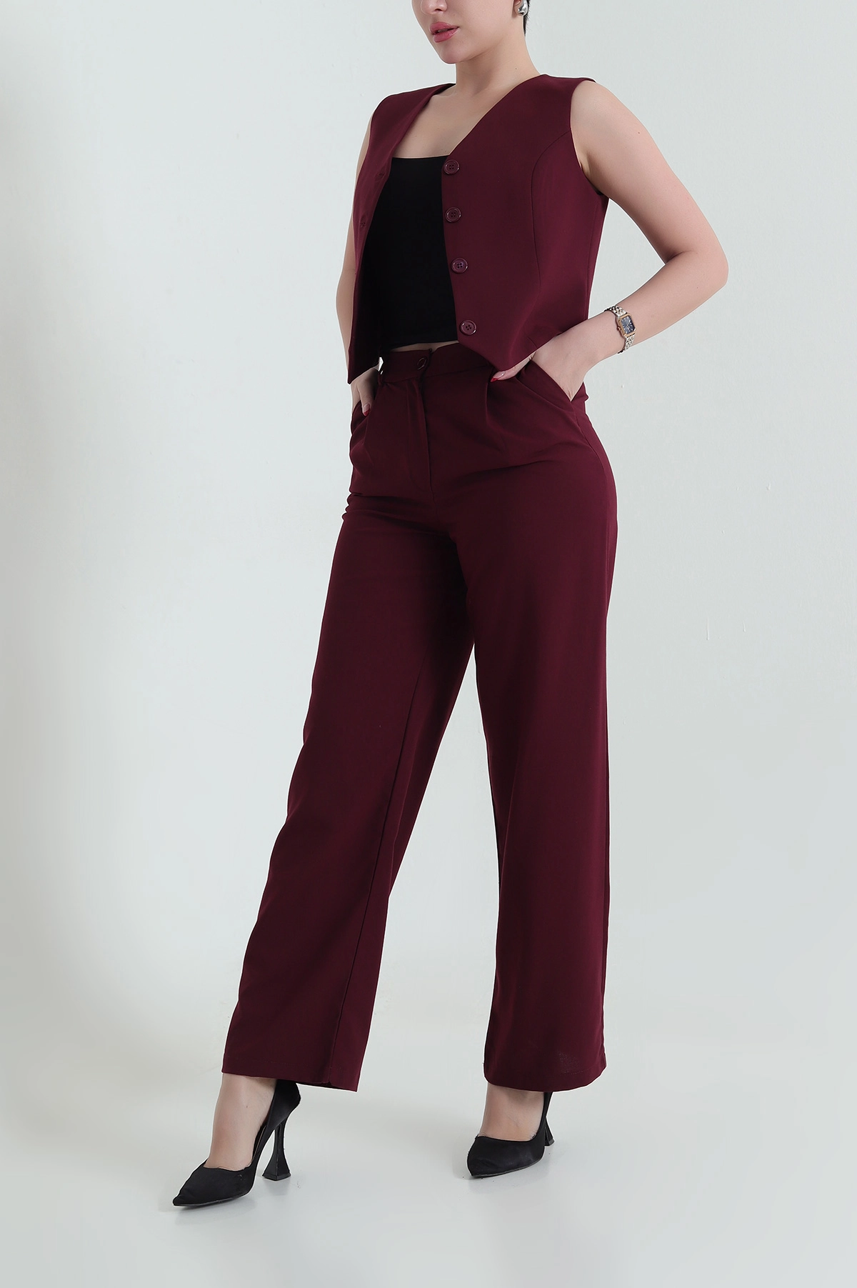 Mürdüm Yelek Pantolon Poliviskon Kadın İkili Takım 436604