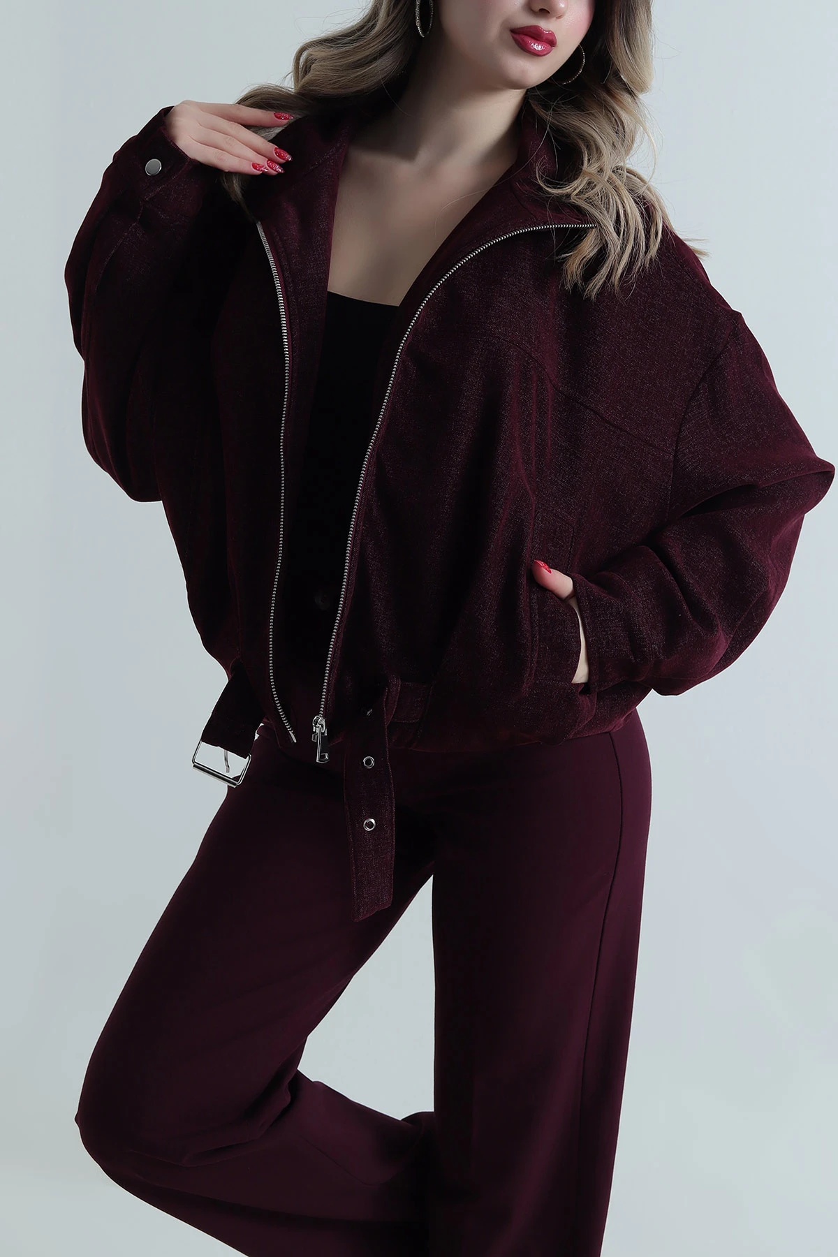 Mürdüm Yüksek Yaka Denim Modal Kadın Mont 499352