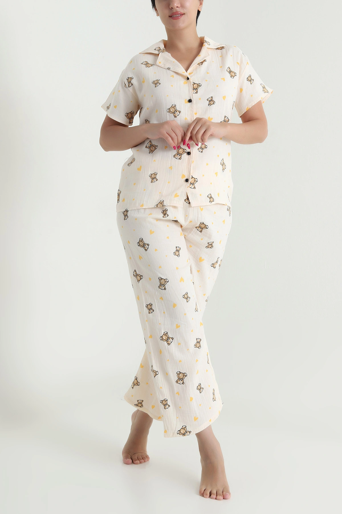 Müslin Keten Düğmeli Kadın Pijama Takımı 476892