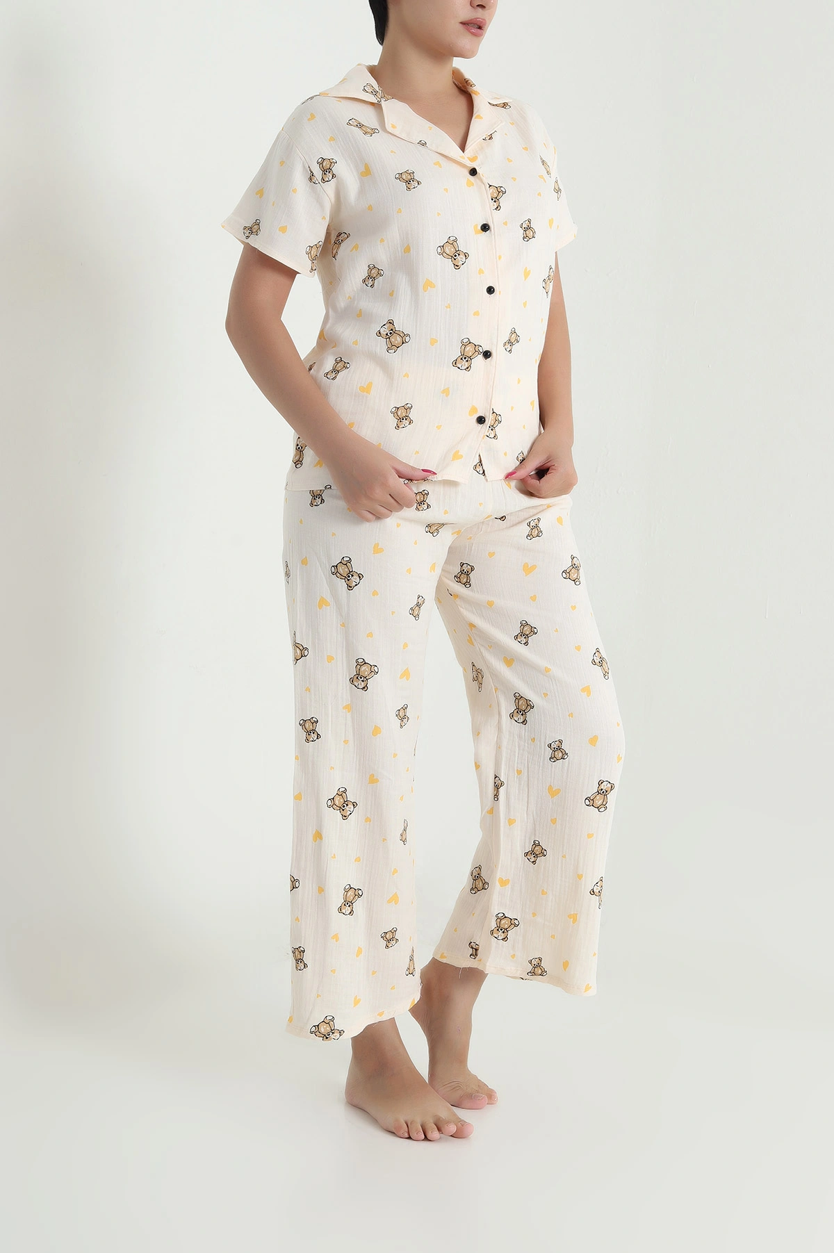 Müslin Keten Düğmeli Kadın Pijama Takımı 476892