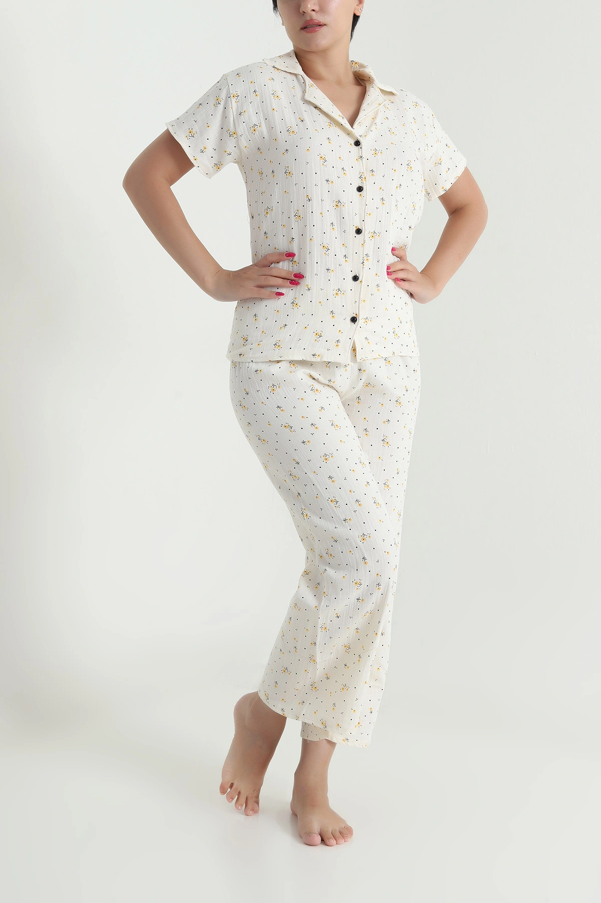 Müslin Keten Düğmeli Kadın Pijama Takımı 476893